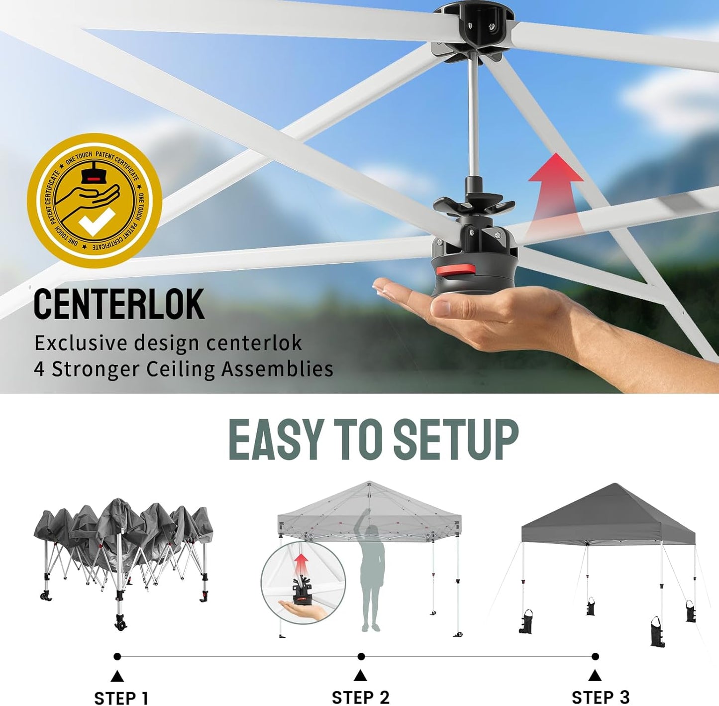 CROWN SHADES Pop Up Canopy Tent, 8x8 Commercial Canopy Tent with 4" Wheels, 4 Upgraded Weights, Patented Centerlock, 400D Strength Oxford Fabric, Sto'N Go Bag, Gray