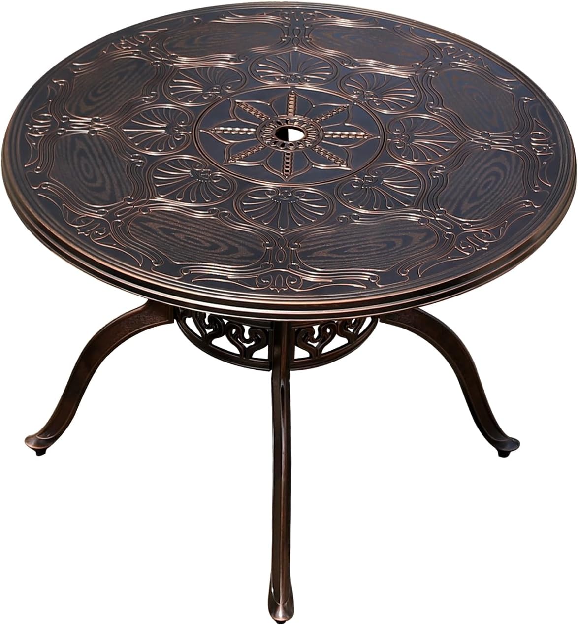 Outdoor Table Cast Aluminum Round Patio Table with Umbrella Hole All Weather Outdoor Dining Table for Lawn Garden Backyard (100cm Palm Round Table)