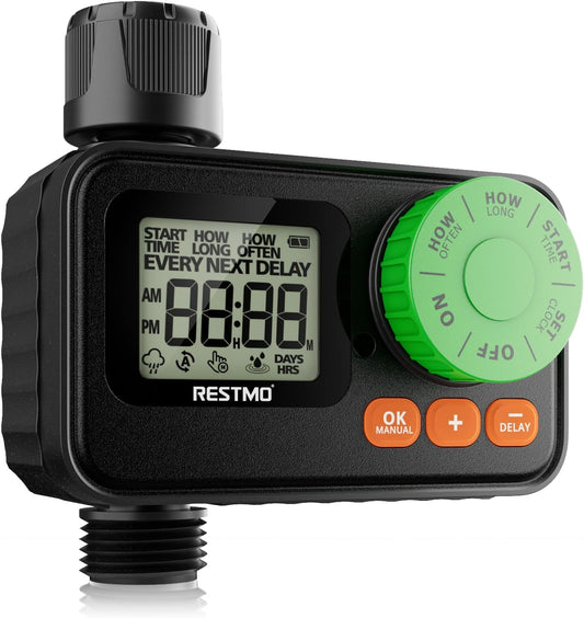 RESTMO Sprinkler Timer, Programmable Water Timer for Garden Hose, Automatic Control | Manual ON/Off | Rain Delay for Outdoor Faucet, Drip Irrigation and Lawn Watering System