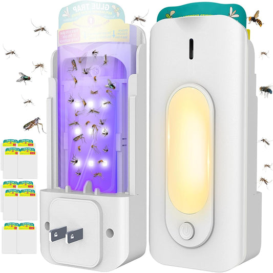 Fruit Fly Trap for Indoors with 10 Refills, 2 in 1 Fly Trap Indoor with Night Light for Home, Gnat Traps for House Indoor, Plug-in Insect Trap for Gnats, Flies, Moths, and Other Bugs-White