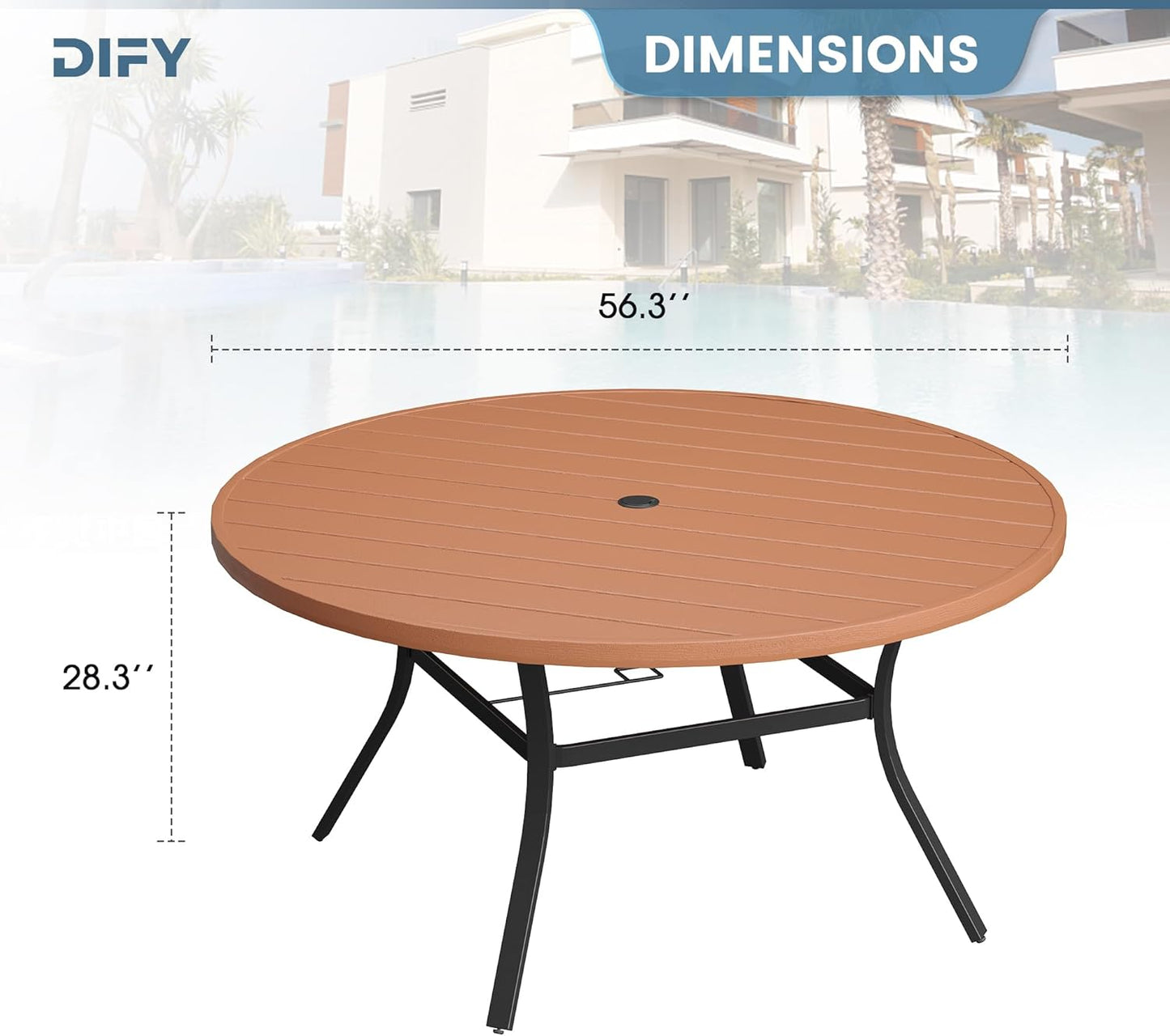 DIFY Round Outdoor Patio Dining Table for 8, 56.3" Patio Table with All-Weather Faux Wood Tabletop and Metal Steel Frame, Outside Table for Garden Porch Backyard, Walnut