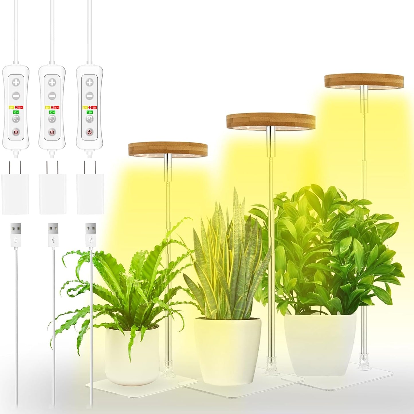 yadoker Halo Plant Grow Light,LED Growing Light Full Spectrum for Indoor Plants,Height Adjustable, Automatic Timer, 5V Low Safe Voltage,Idea for Small Plants(3 Pack)