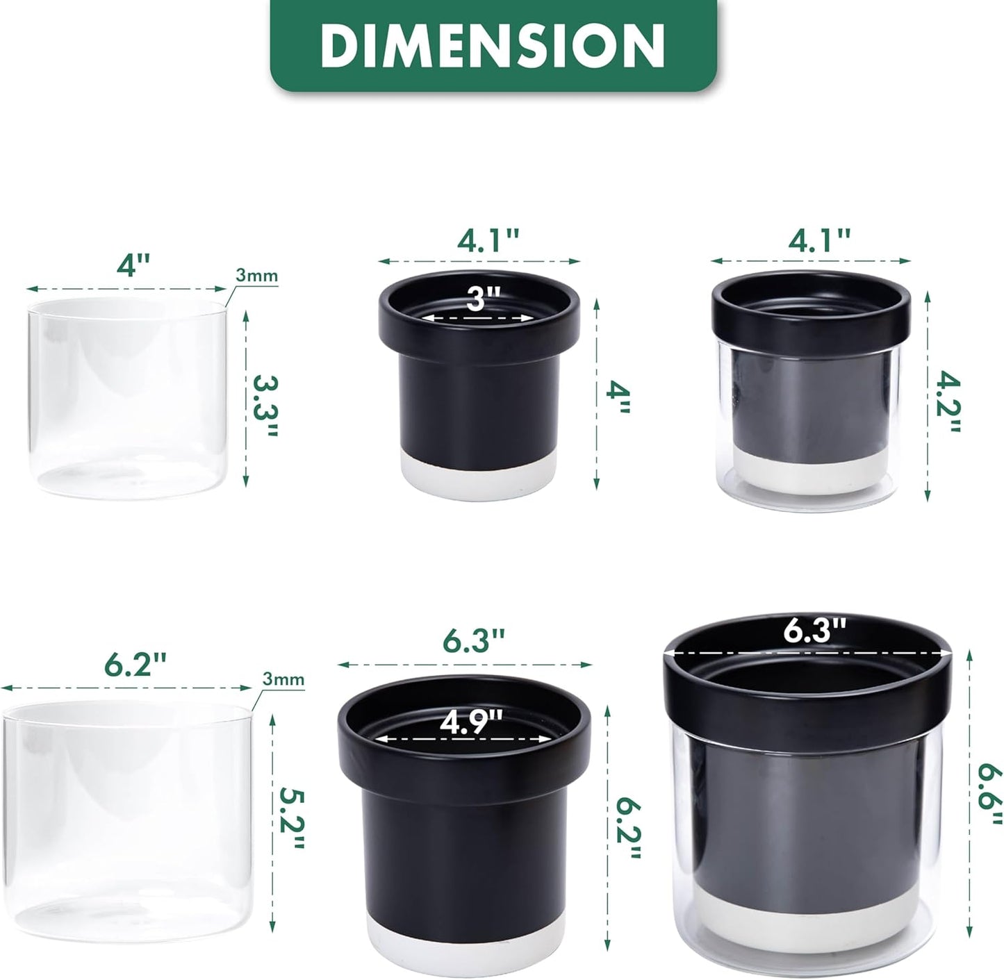 Phoenix Vine 6 Inch 4 Inch Self Watering Terracotta Planter, Black Terracotta Clay Pot with Glass Reservoir for Indoor Plants, Herbs, Flowers, 52-C-G-46