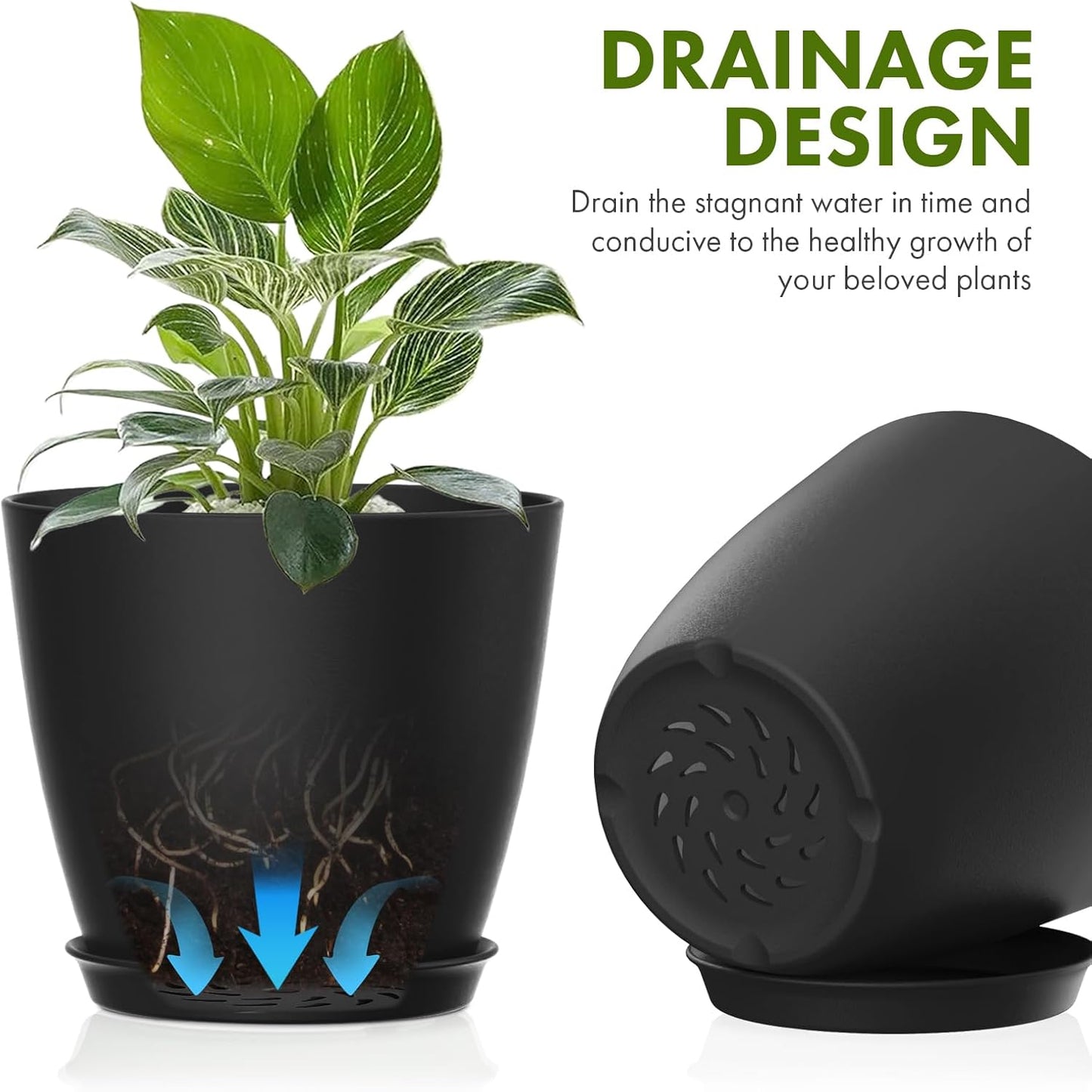 8 Pack 4 Inch Plant Pots with Drainage Holes and Saucers, Pots for Plant Indoor, Plastic Planters for Succulents and Small Plants, Black