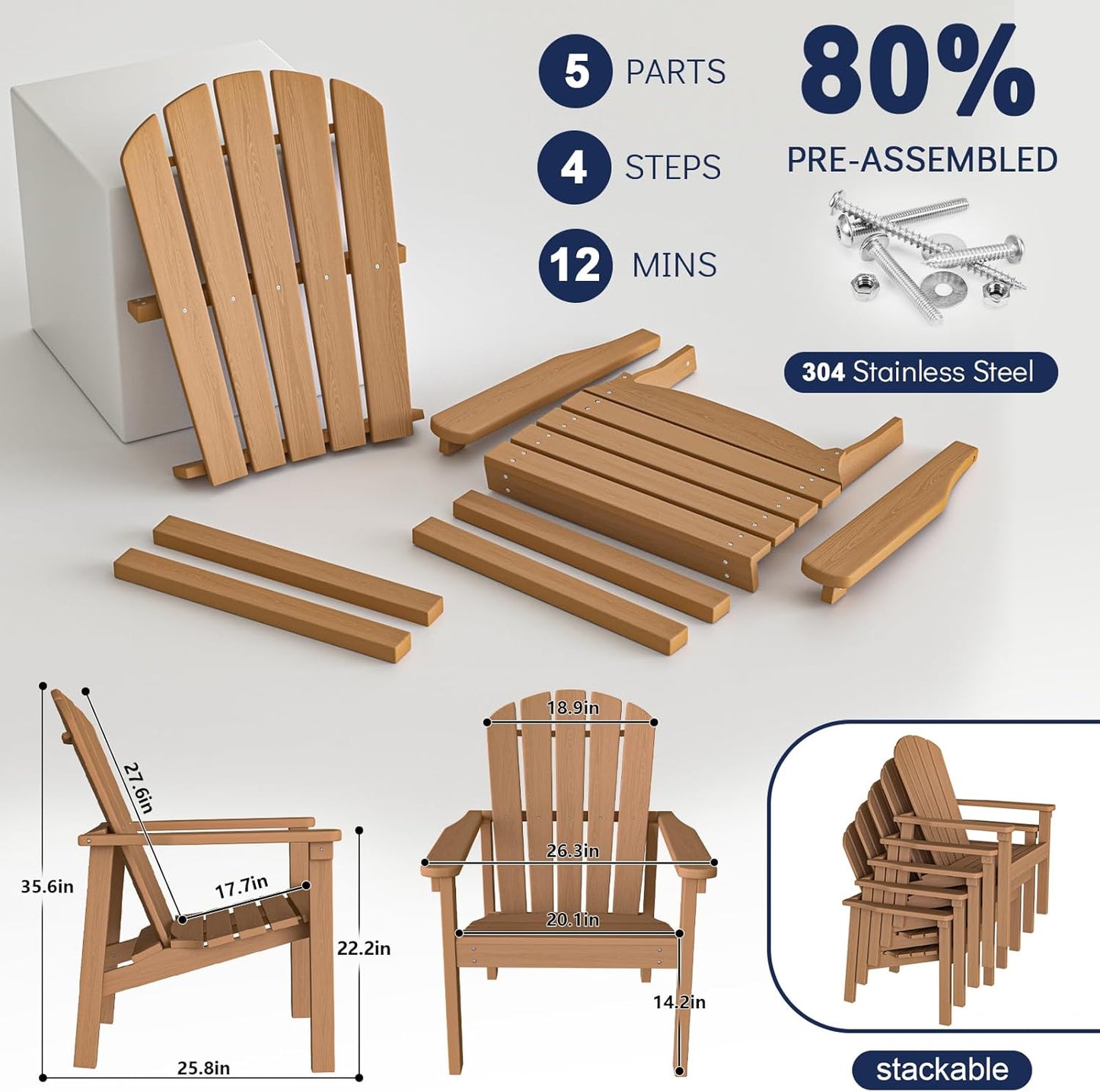 Stackable Adirondack Chair, HDPE Outdoor Patio Chair - Durable and Space Saving, Suitable for Porches, Lawns or Garden, Teak
