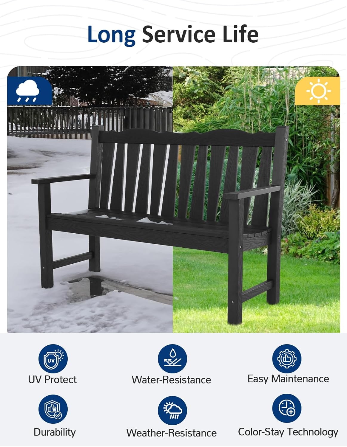 Outdoor Bench Weatherproof, 2-Person Garden Benches for Outdoors, All Weather HIPS Patio Bench Holds up to 800lbs, Never Rot or Fade, Comfort Bench for Porch, Garden, Patio, Backyard and Park, Black