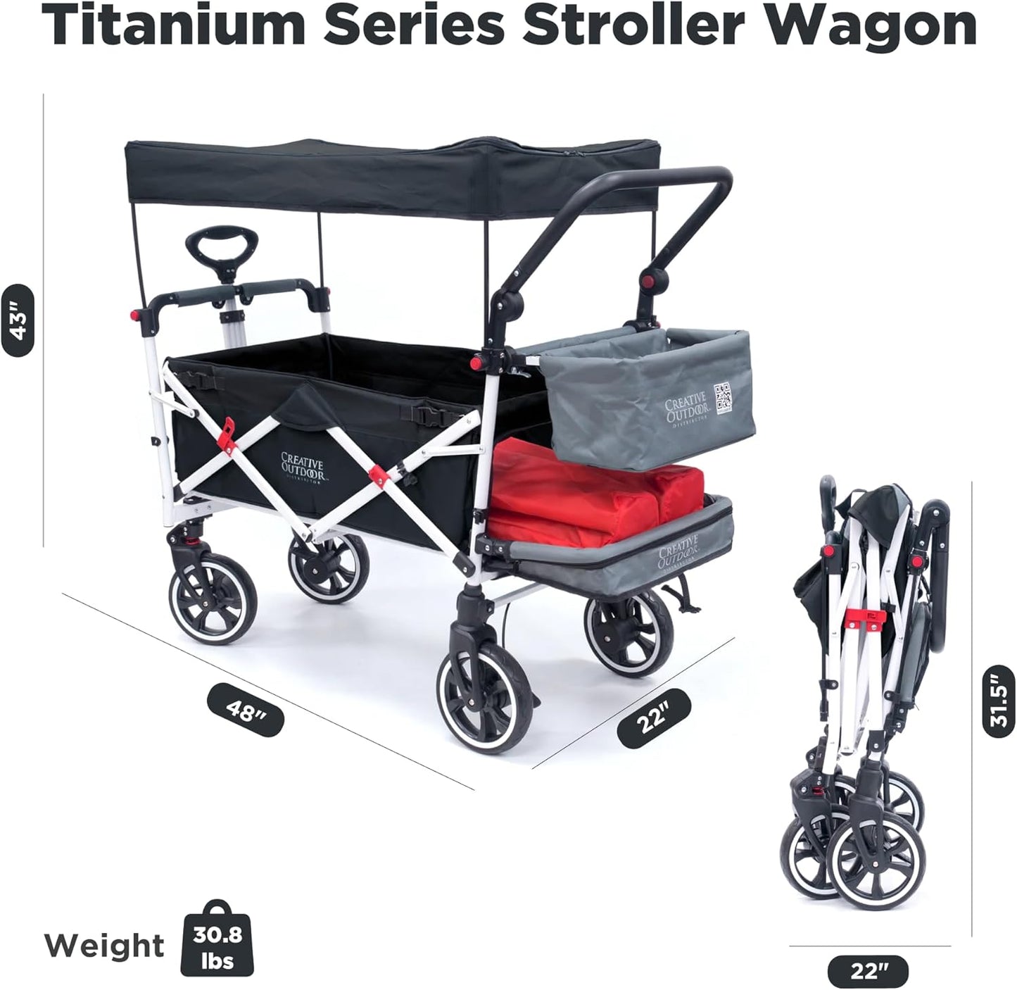 Creative Outdoor Wagon for Kids Push Pull Collapsible Stroller with Canopy Folding Cart | Titanium Series Plus | Beach, Park, Garden (Black & Grey)