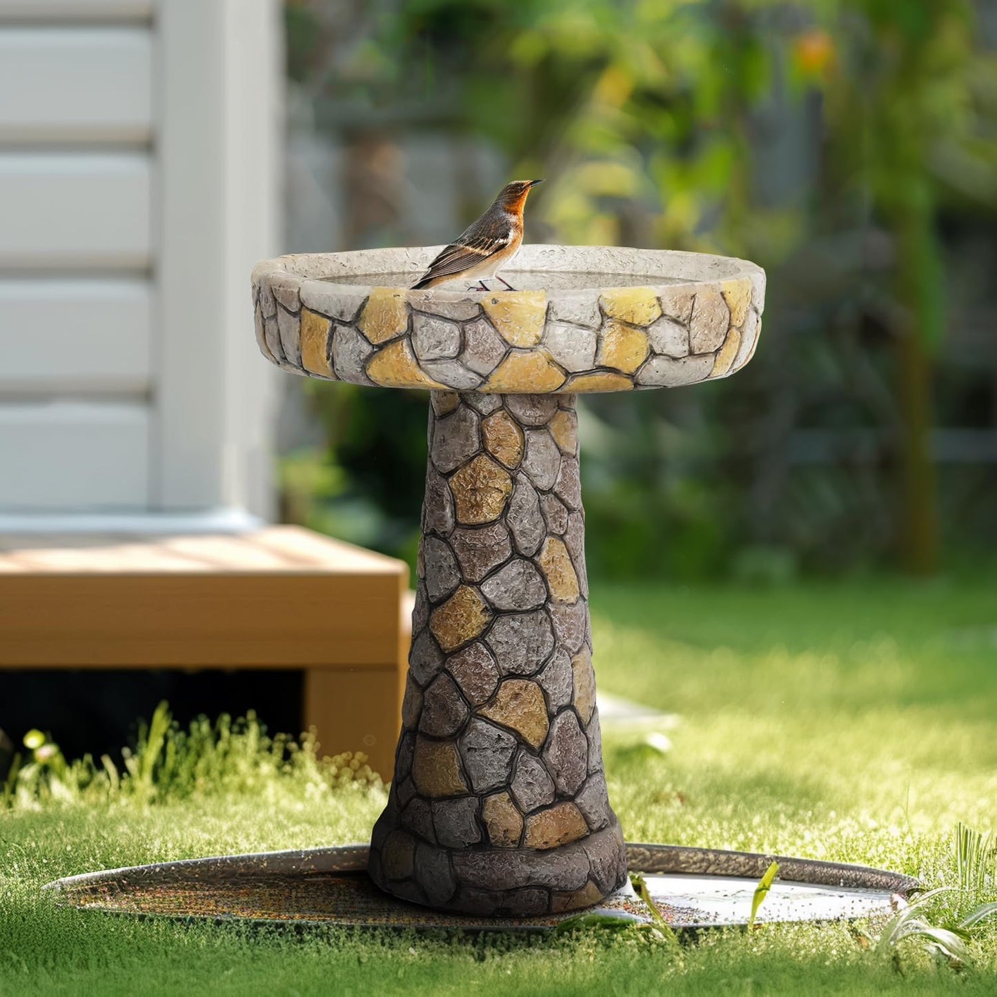 SKYFIRE Stone Like Outdoor Bird Bath - Concrete Freestanding Patio Birdbath with Pedestal for Garden, Patio, Yard, Lawn - 18.8”L X 18.8”W X 24”H Rustic Faux Stone Pedestal Outdoor Garden Birdbaths