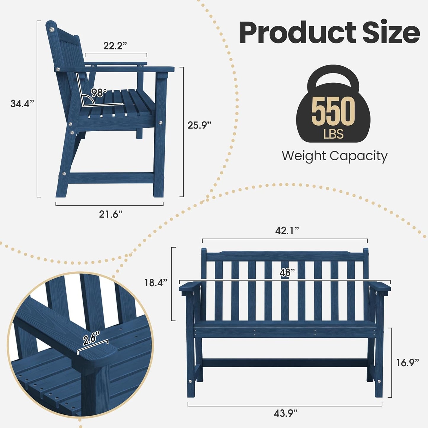 Ciokea 44" Outdoor Bench Set of 2, HDPE Weatherproof Garden Bench, 2-Person Memorial Benches with 550 Lbs, Waterproof Patio Porch Benches for Outside Business Deck Office Backyard Balcony, Navy Blue