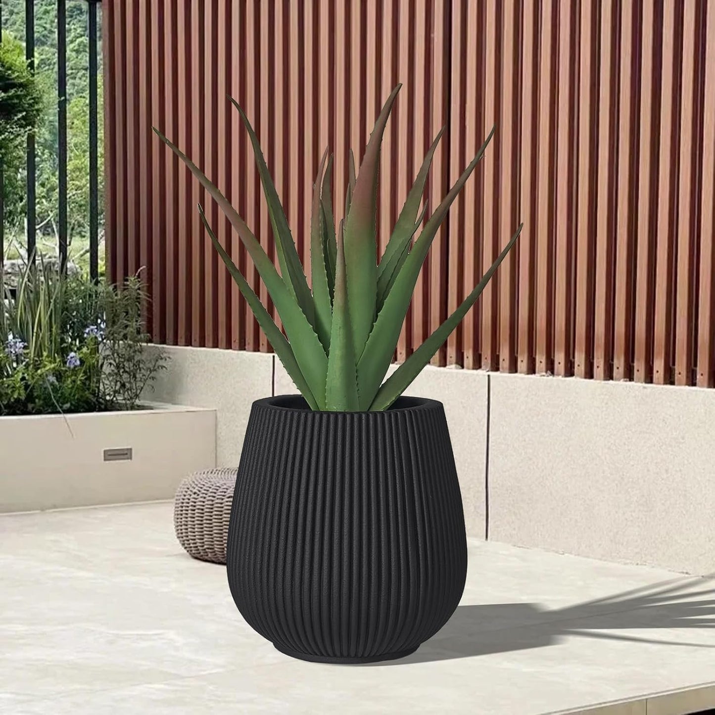 16 Inch Handmade Concrete Outdoor Planter - Classic Striped Design | Fiberglass & Composite Material | Durable for Commercial & Home Decor