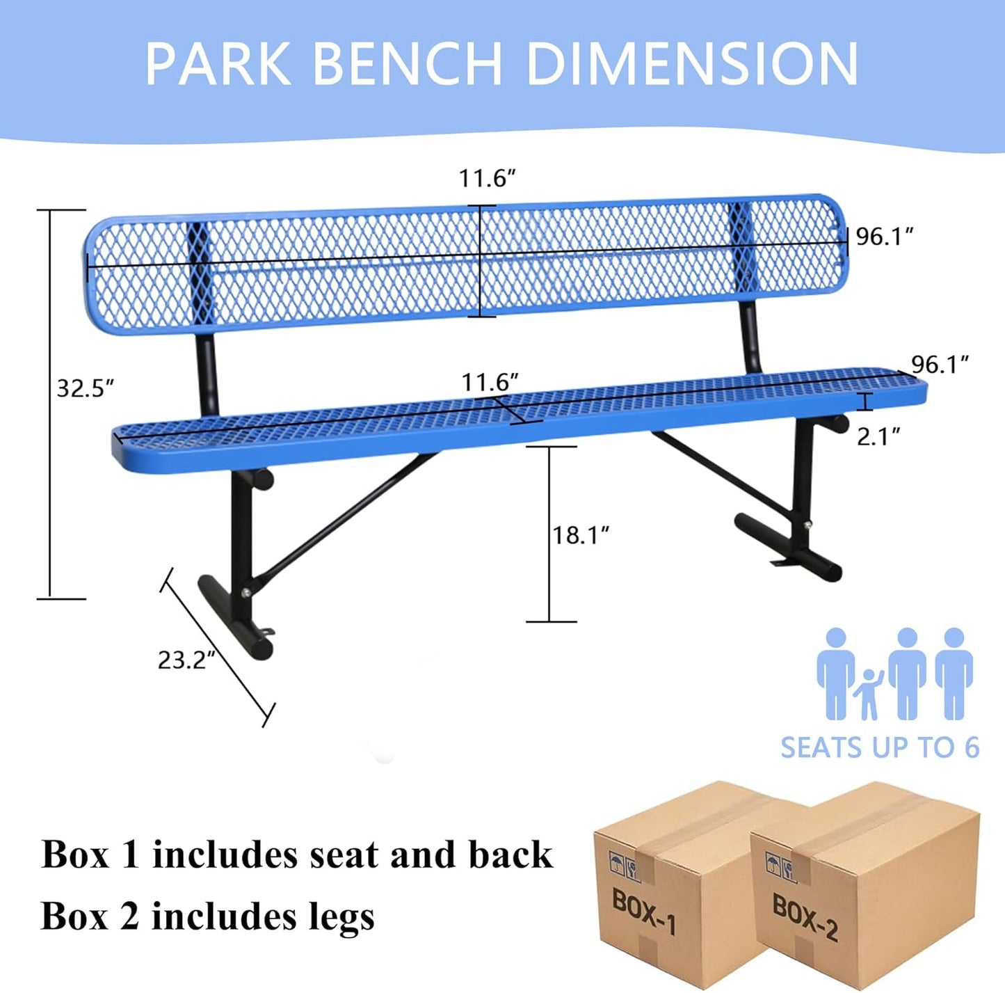 8 FT Steel Park Bench for Outside, Outdoor Bench with Backrest & Portable Frame, Commercial Benches for Shopping Mall, Store, Park, Patio, Deck, Blue