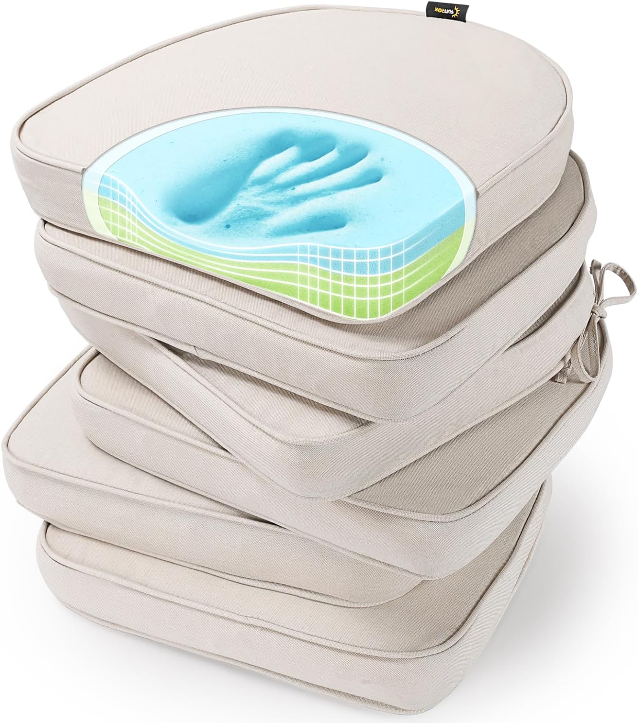 SUNROX Gel Memory Foam Chair Cushions, FadeShield Water-, Stain-Resistant Durable Reversible Seat Cushion Pads with Ties for Indoor/Outdoor Kitchen Dining Office 17"x16" Set of 6, Cream