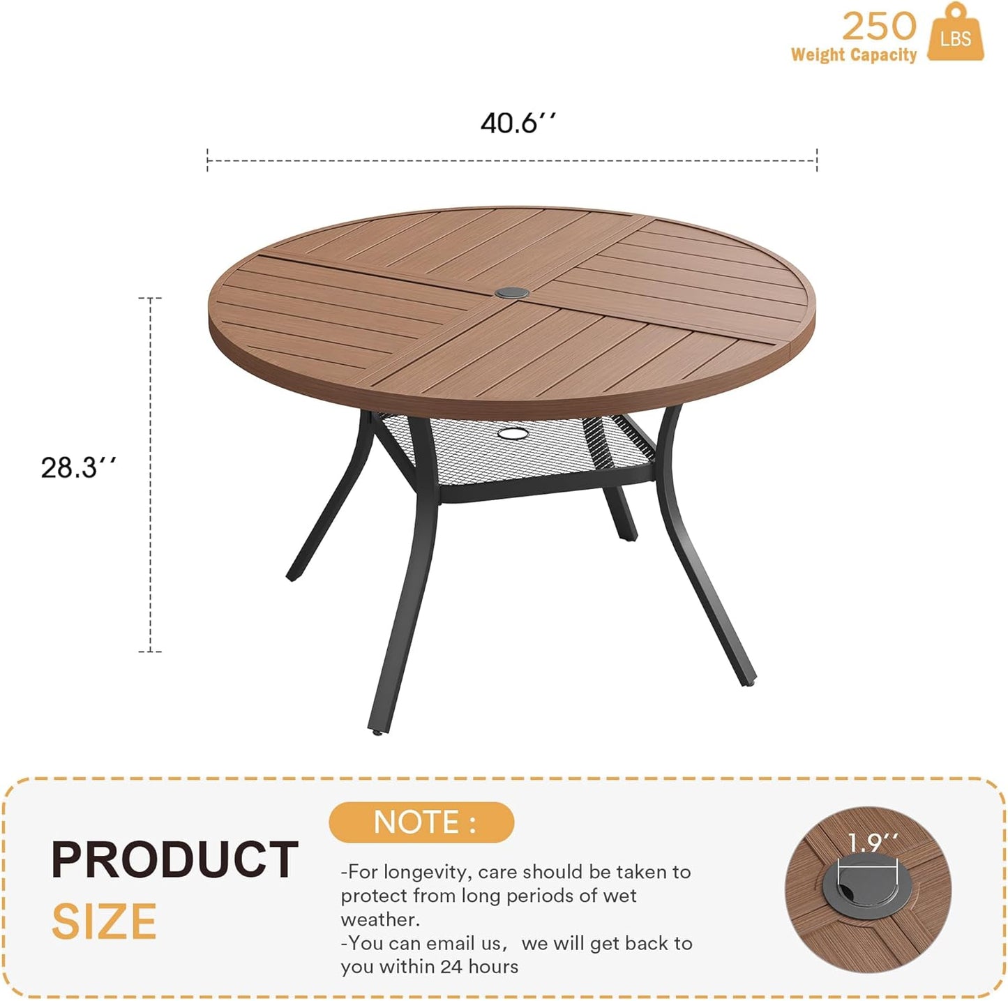 VICLLAX Round Patio Table with Adjustable Umbrella Hole for 4, All Weather Metal Outdoor Dining Table for Lawn Garden, 40.6" Outdoor Coffee Table, Walnut Wood-Like Tabletop