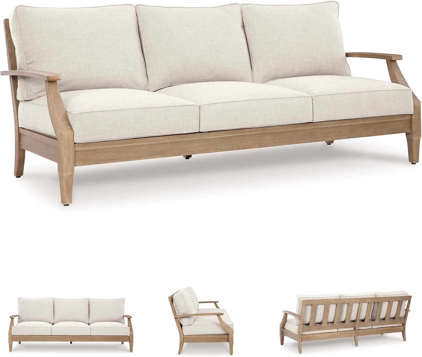 Signature Design by Ashley Carter Hall Outdoor Eucalyptus Patio Sofa with Cushion, Beige