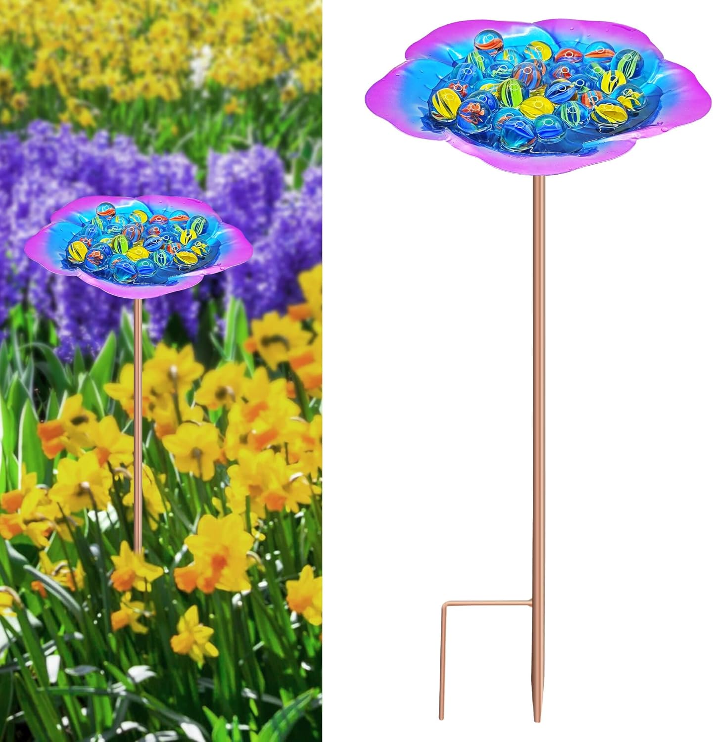 Bee Watering Station-Golden Purple Puddler Bee Bath & Feeder with Metal Stakes - 30 Glass Marbles, Vivid Flower Design, Garden Yard Decor (Purple-1PACK)