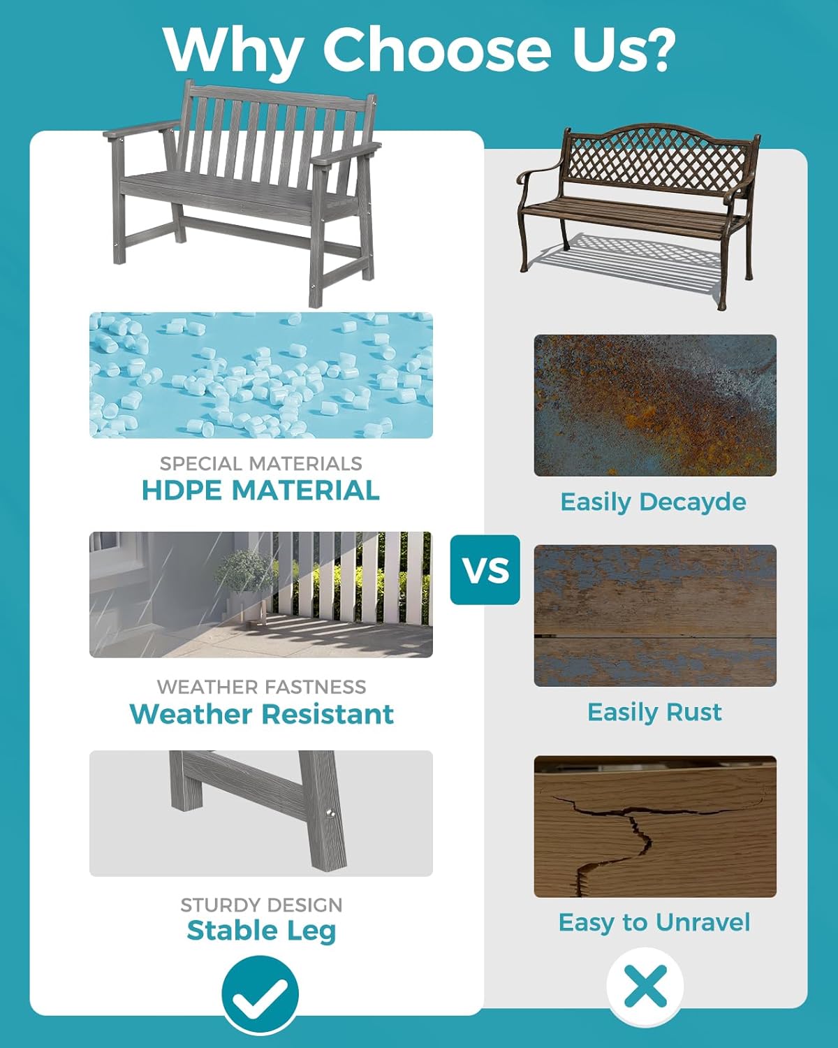 Outdoor Bench, 2-Person HDPE Garden Bench, All Weather Poly Patio Bench for Outdoors, Garden, Backyard, Porch and Park, 550 lbs Weight Capacity, Grey