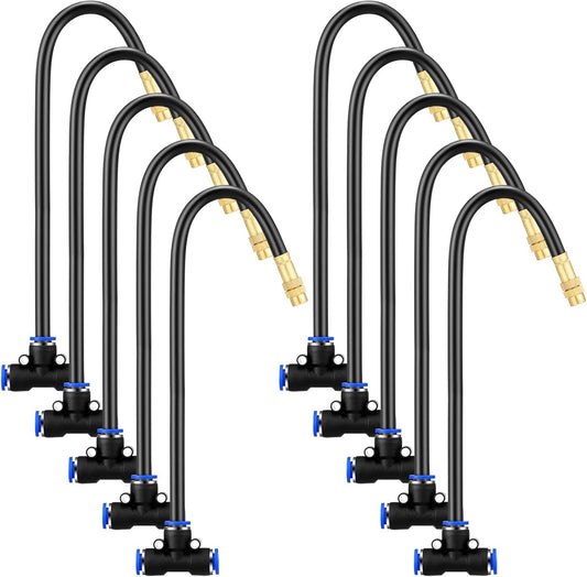Zonon 10 Pcs Brass Misting Nozzles Tee with 16 Inch Built in Hose 360 Degree Rotation Adjustable Water Mister Nozzles Thread Sprayer 0.043" Misting Parts and Accessories for Patio Outdoor Cooling