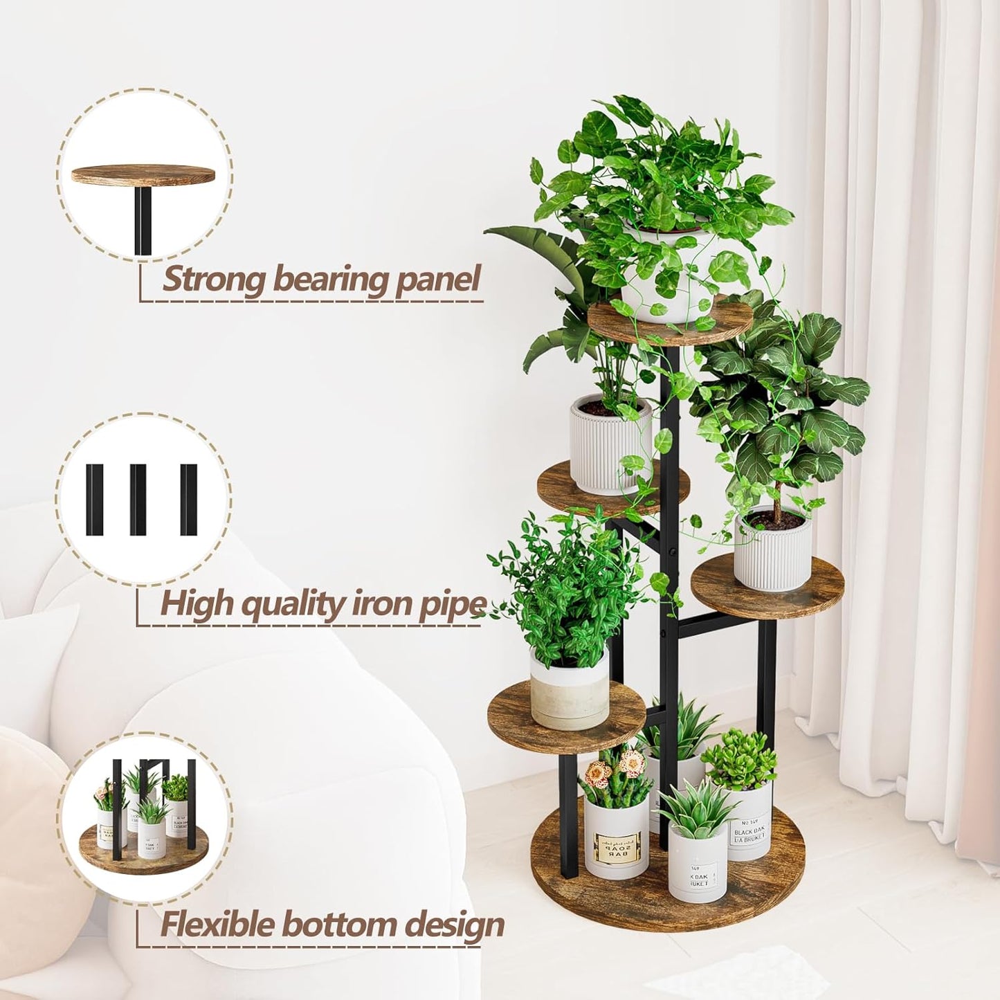Plant Stand Indoor 5 Tier 8 Potted Multiple Flower Pot Holder for Patio Garden Balcony Living Room Corner (5 Tier Black+Rustic Brown)