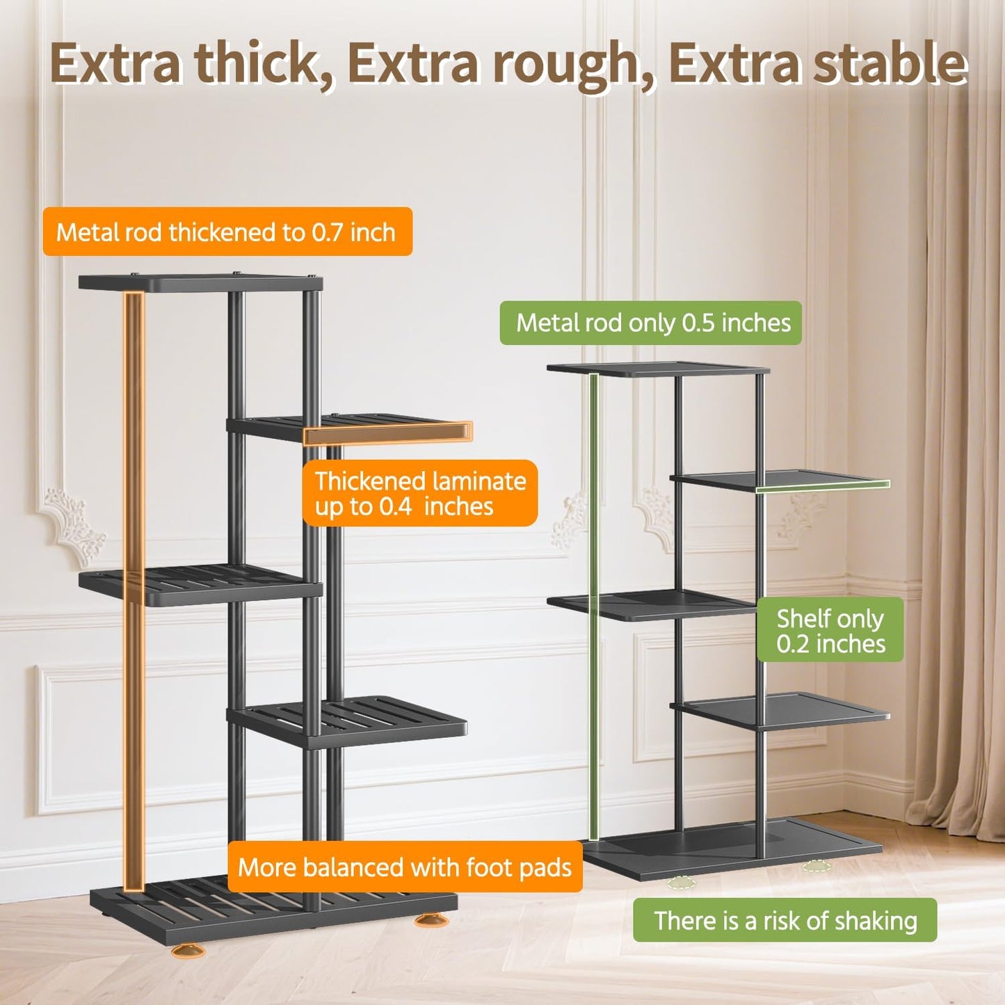 LASZOLA 4 Tier Plant Stand Indoors Outdoors for Large Heavy Duty Planter, Black Metal Tall Flower Holder Rack with Multiple Shelf for Modern Patio Corner, Vertical Organizer, Weather Resistant Bracket