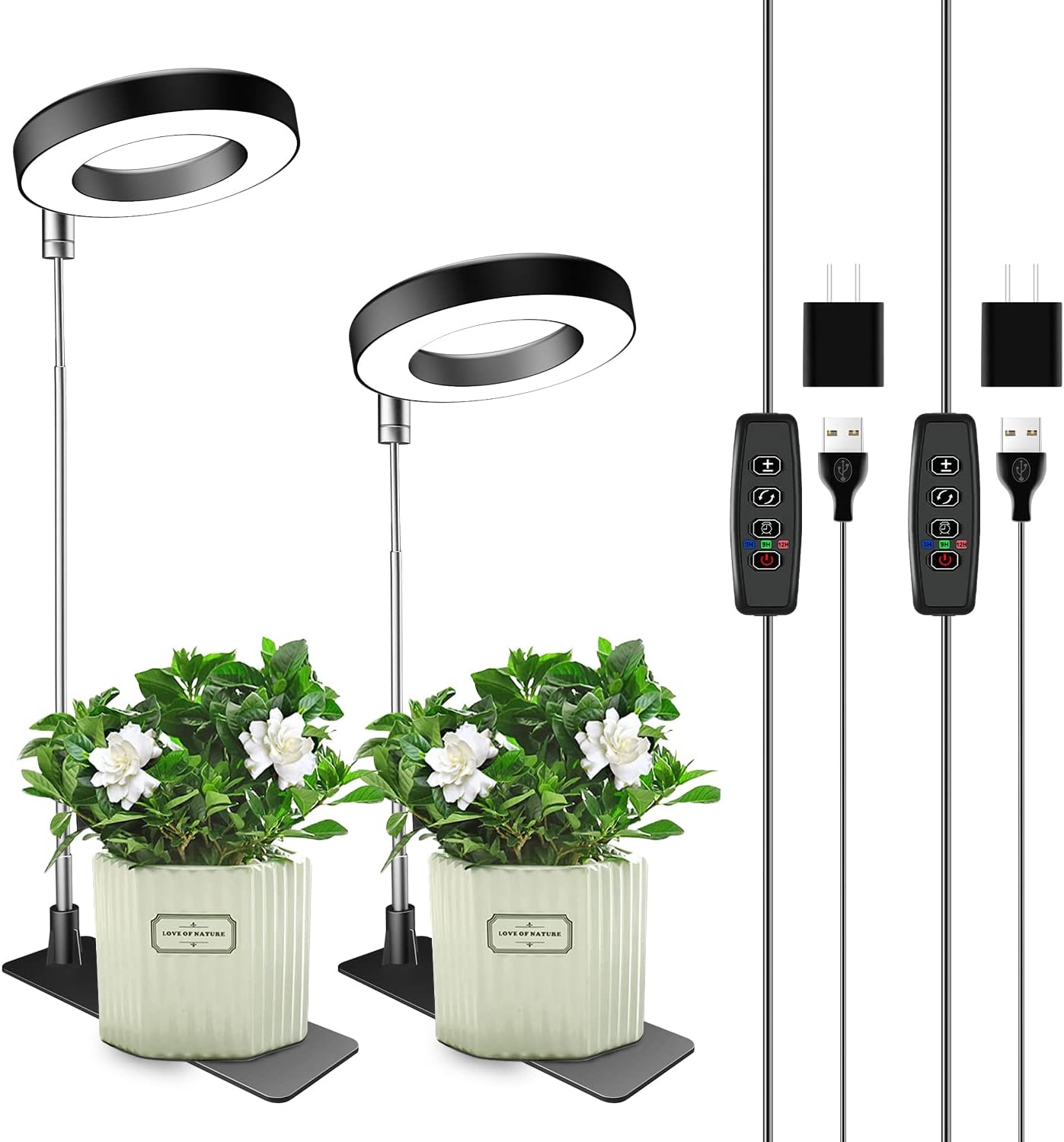 Grow Lights for Indoor Plants, 48 LEDs Full Spectrum Plant Light for Indoor Plants, Height Adjustable Growing Lamp with Base, 3 Optional Spectrums, Auto Timer 3/9/12Hrs, 10 Brightness, 2 Pack