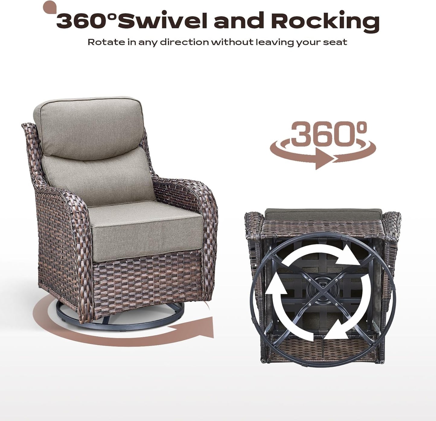 Outdoor Patio Swivel Rocker Chairs Set of 2, Waterproof Wicker, High Back, Deep Seating, Wide Armrest, Upgraded 6 inch Thick Cushions, Ideal for Deck Porch Backyard, Brown/Beige