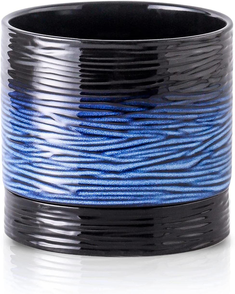 Nihow Ceramic Plant Pot: 6 Inch Planter with Drainage Hole & Saucer for Indoor & Outdoor Plants - Cylinder Round Flower Pot for Succulent/Herbs/Violets - Black & Vivid Blue