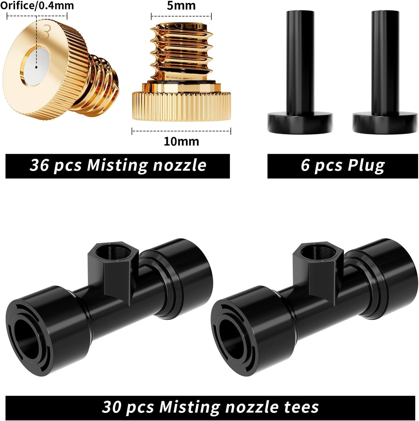 Misting Nozzles Kit Include 36 Pcs Misting nozzle 30 Pcs Misting 6 Pcs Plug nozzle tees for Outdoor Spray Cooling System (72 Pieces)