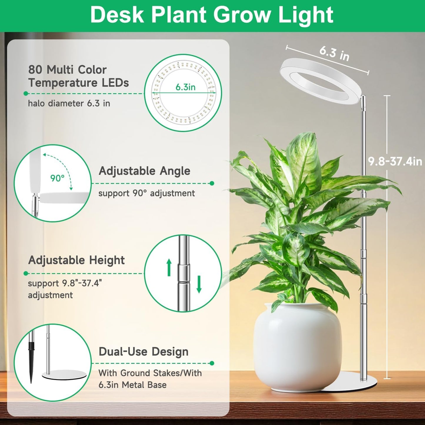 Grow Lights for Indoor Plants, Full Spectrum Plant Lights for Indoor Growing, 9.8"-37.4" Height Adjustable Desk Grow Lamp with Auto Timer 6/12/16Hrs, 3 Optional Spectrums, 5 Brightness,1 Pack