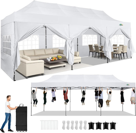 COBIZI 10x30 Pop up Canopy Heavy Duty with 8 Sidewalls, Easy Set-up Commercial Outdoor Party, 100% Waterproof Wedding Canopy Gazebo, 3 Height Adjustable with Wheeled Bag, White