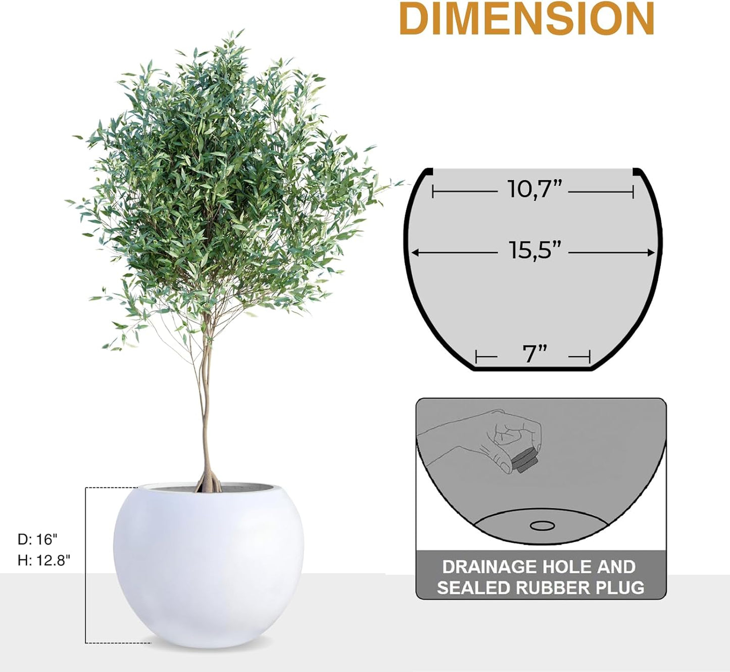 12.8" H x 16" D Globo Fiberstone Round Planter with Drainage Hole, Weather Resistant, Smooth Finish, Planters for Indoor Plants & Outdoor, 2 Extra Coco Mats (White, 10.7" Pot Opening)