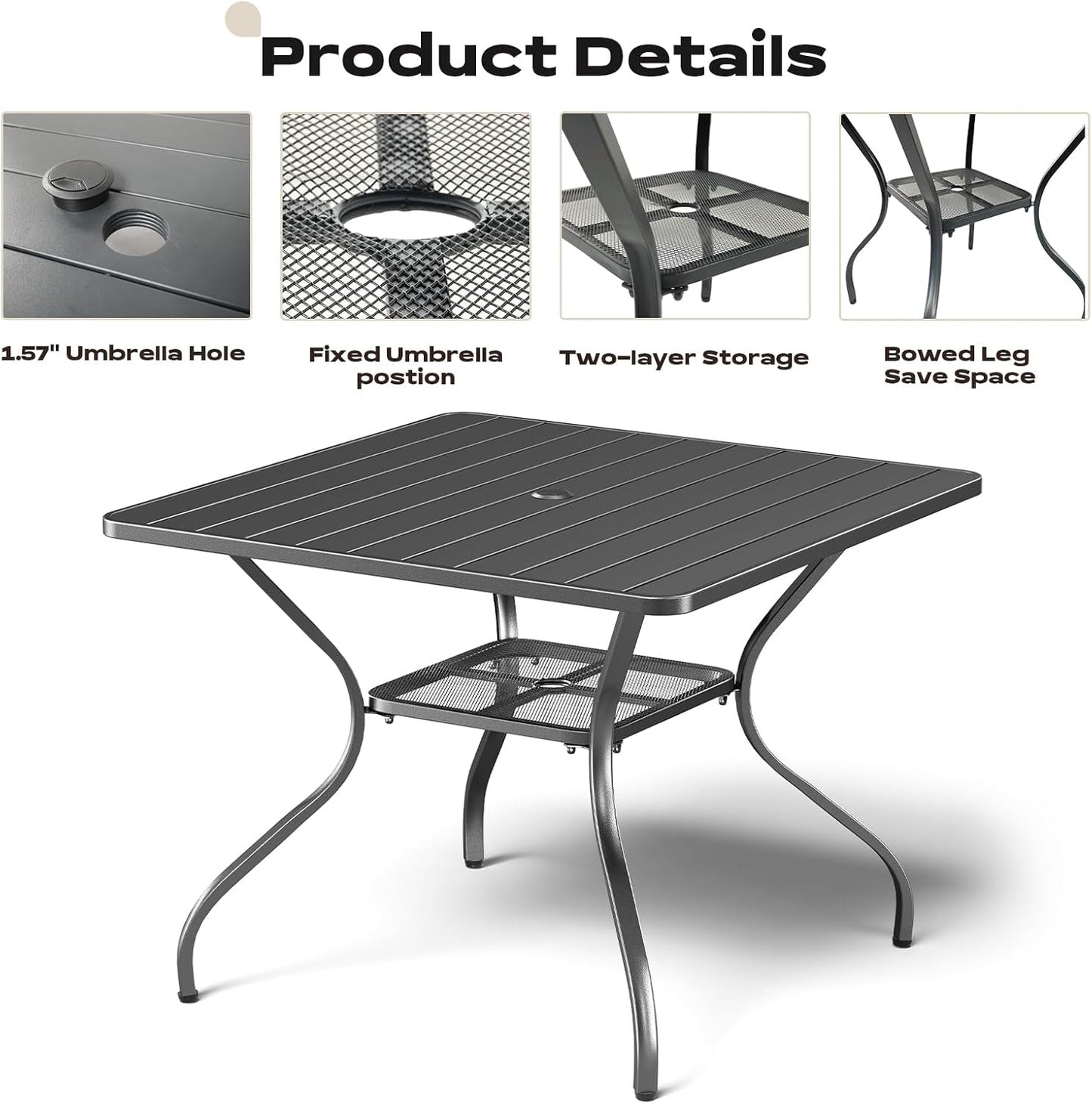 Patio Tables Outdoor Dining Table - Metal Coffee Tables with 2-Tier Storage Shelf 1.57" Umbrella Hole for Outside Proch Deck Balcony Garden Rectangle