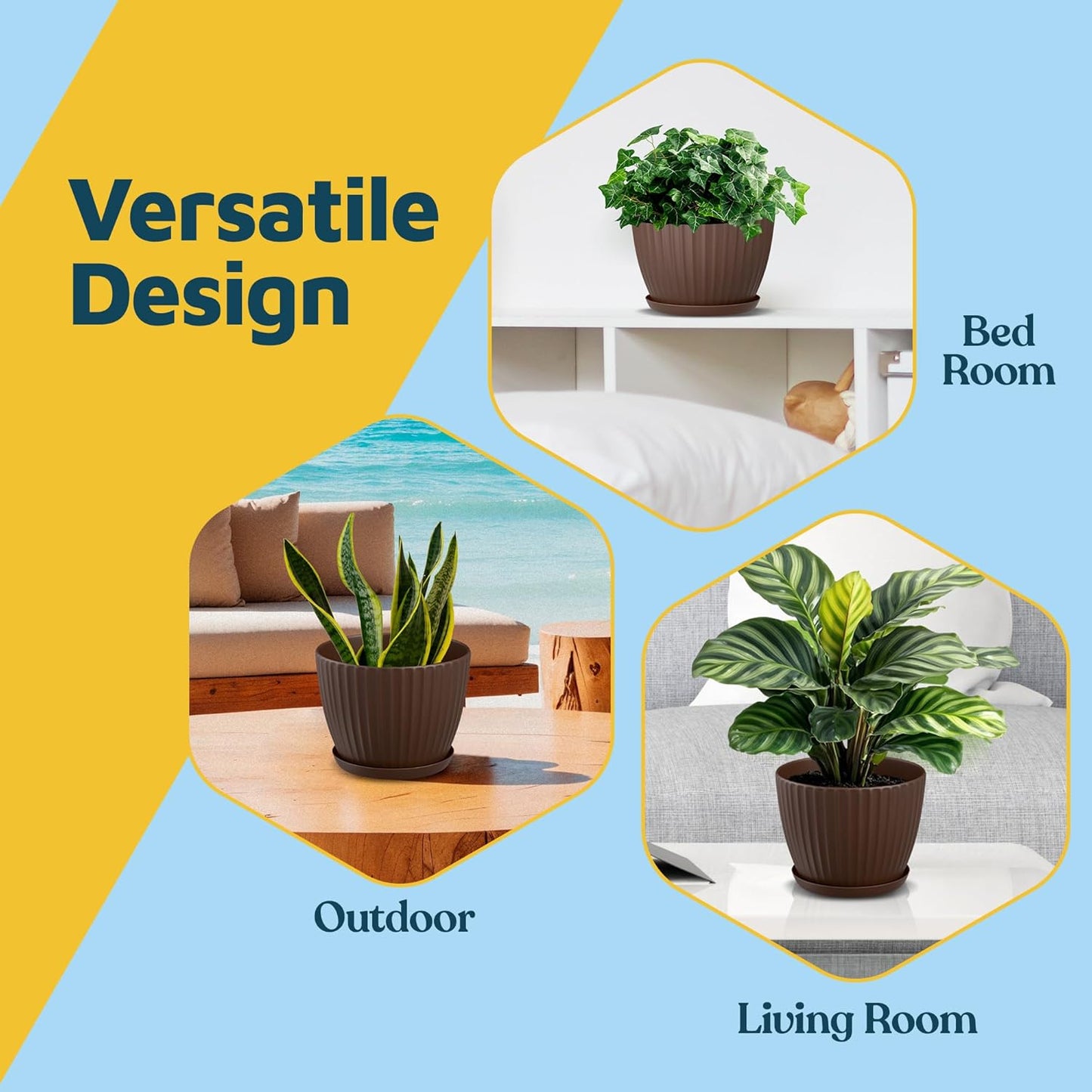 Brown 6-Inch Plant Pots with Drainage & Saucers 6 Pack, Indoor & Outdoor Planters for Houseplants, Herbs, and Flowers, Durable & Weatherproof Material, Stackable, Lightweight, Minimalist Design