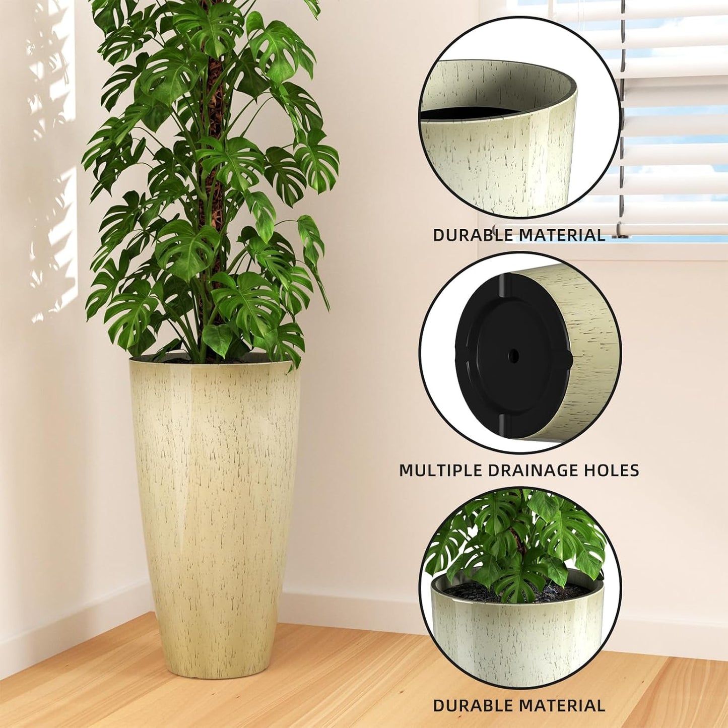 QCQHDU 21 inch Tall Planters for Outdoor & Indoor Plants, 2 Pack Sturdy Plant-Flower-Tree Pots for Front Porch Patio Deck Living Room Decor