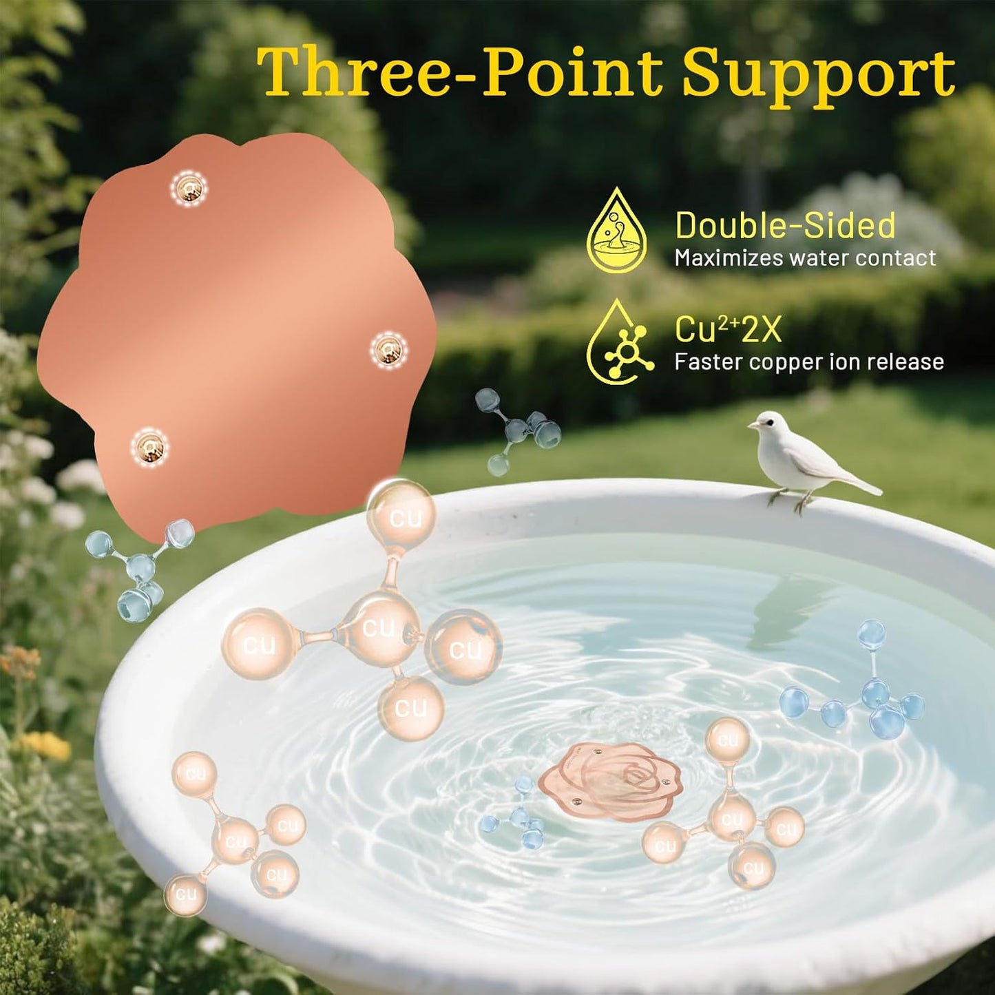 Bird Bath Copper Disk,Bird Bath Purification Disk 0.6mm Reinforced 99.99% Pure Copper Cleaning Disk with 3-Point Support,Fits Outdoor Birdbath & Bowl,Provide Safe Clean Water,Rose-4Pcs