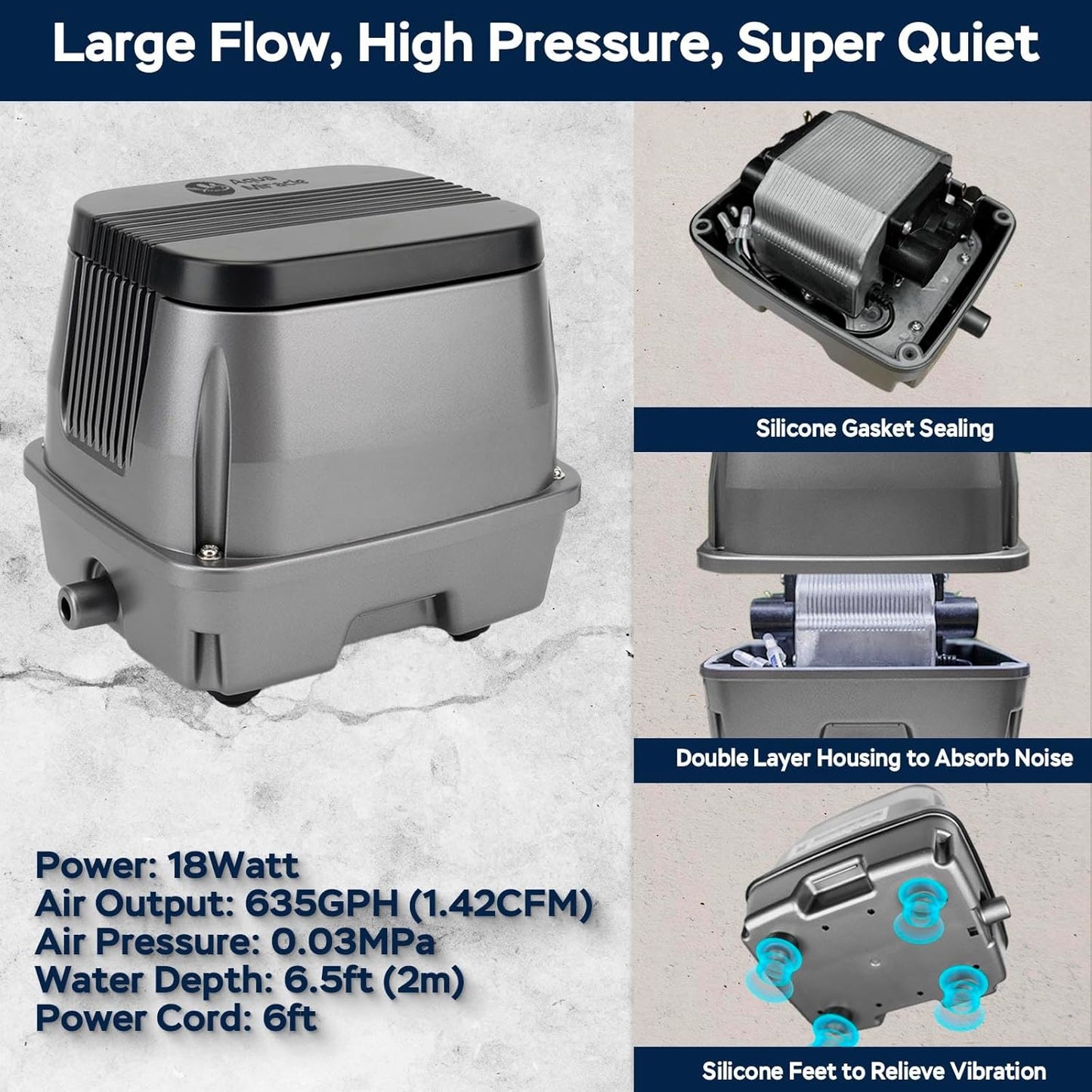 AquaMiracle All-in-1 Koi Pond Aeration Kit Pond Air Pump with Self-Sinking Airline Rubber Air Diffuser, Air Flow Control Pond Aerator for Outdoor Pond 5,000-10,000 Gallons