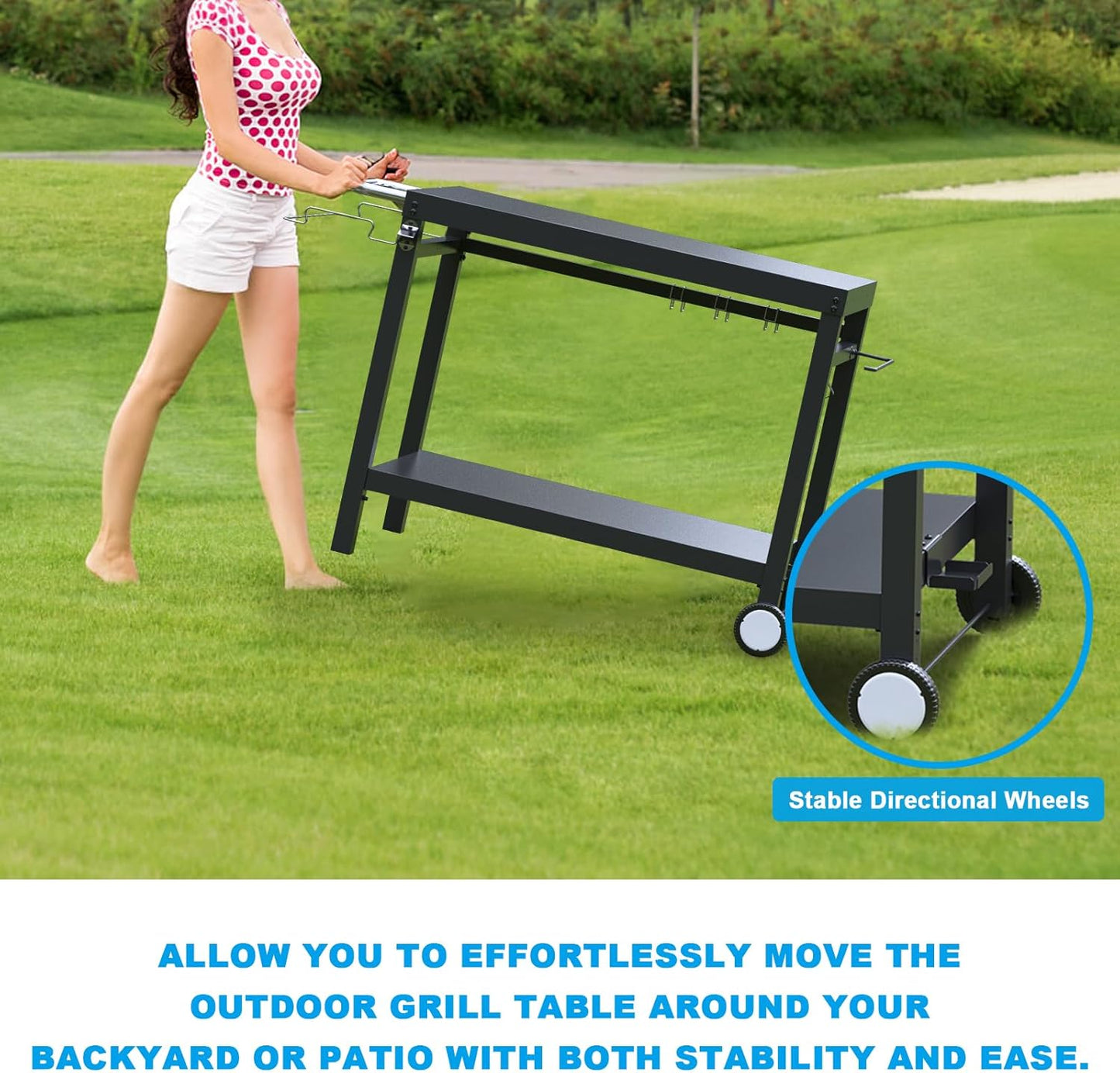 LS'BABQ Outdoor Grill Table Cart, Pizza Oven Stand, BBQ Prep Table with Trash Bag Holder Wheels & Hooks, Double-Shelf Movable Food Prep and Work Stand, Powder-Coated Steel Flattop Grill Cart