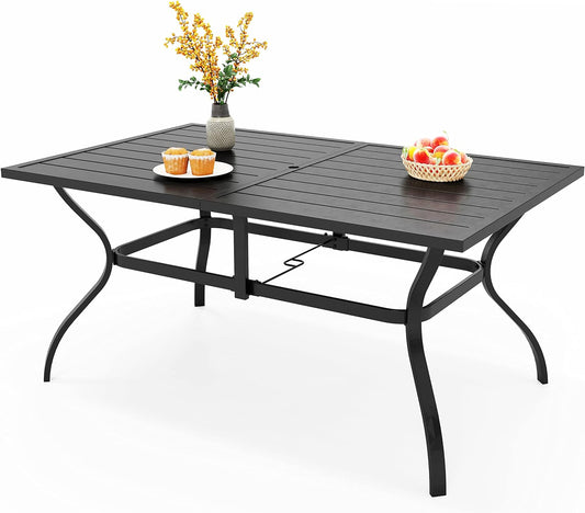 PHI VILLA Outdoor Dining Table for 6, 60" Long Rectangular Metal Wrought Iron Table with Umbrella Hole, All-Weather Large Furniture for Patio, Backyard, Porch