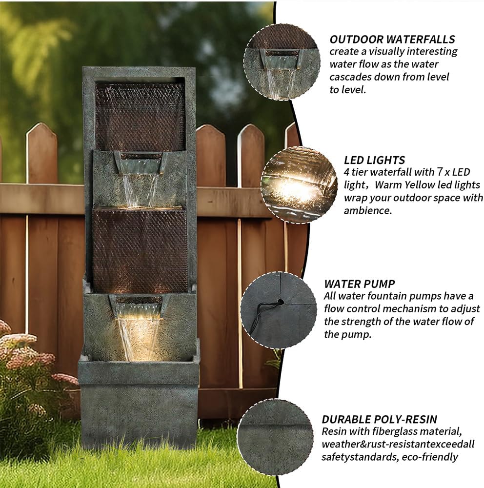 39.3”H Outdoor Garden Waterfall Fountain-Indoor Water Fountain with LED Lights, for Gardens, Landscaping, Patios, Balconies, Office,and Lawns for a Calming Oasis in Outdoor Living Art Decor