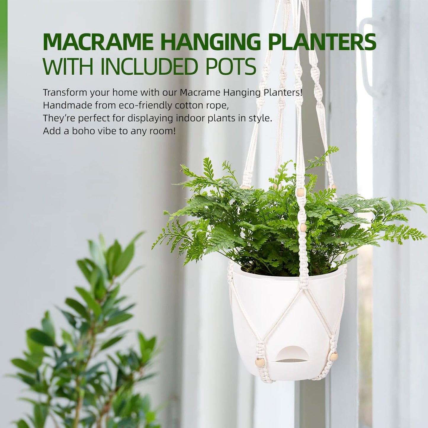 2-Pack 7.1-Inch Self-Watering Hanging Planters for Indoor & Outdoor Plants,34Inch Macrame Hanger Plant Pots Indoor with Drainage,Small Hanging Planters & Baskets,With Two Sets of Hooks（Pure white）