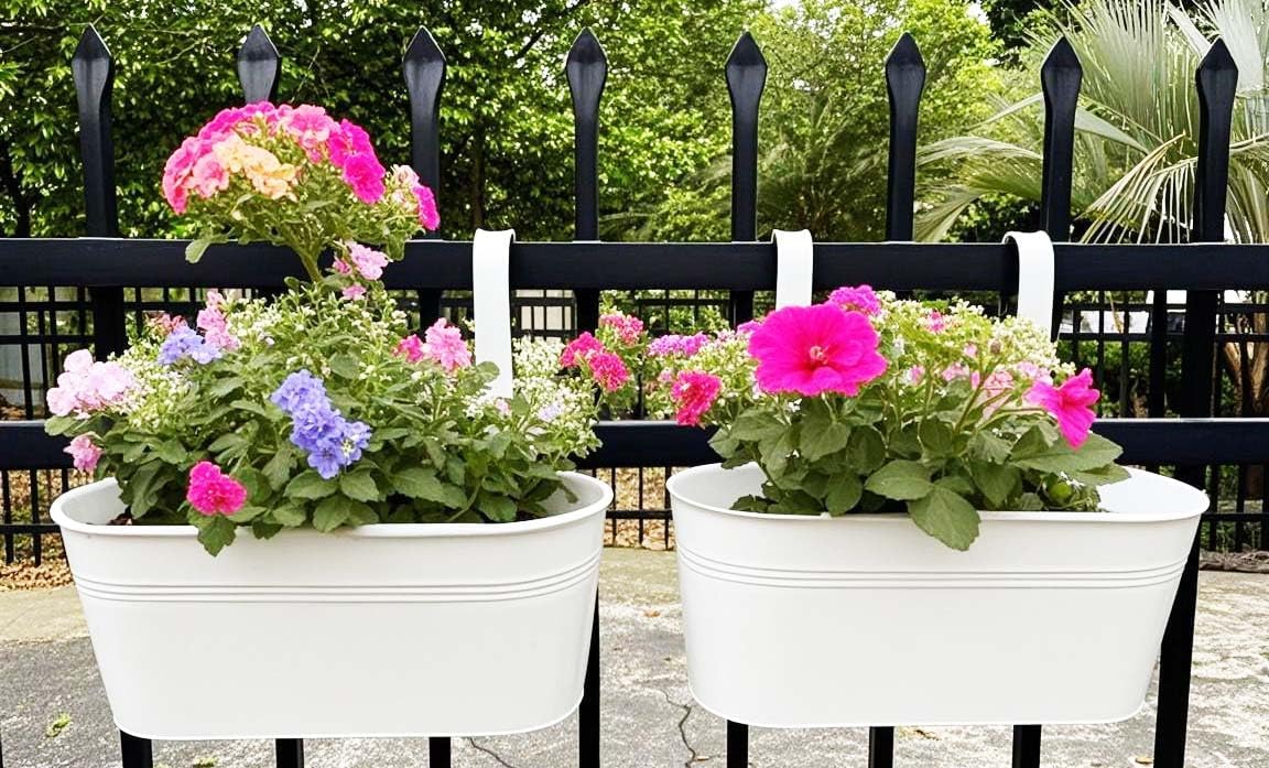 Hanging Planters for Outdoor Plants, 17" Railing Planter Pots, Metal Fence Flower Pot for Porch Balcony with Detachable Hook (White, Pack of 8)