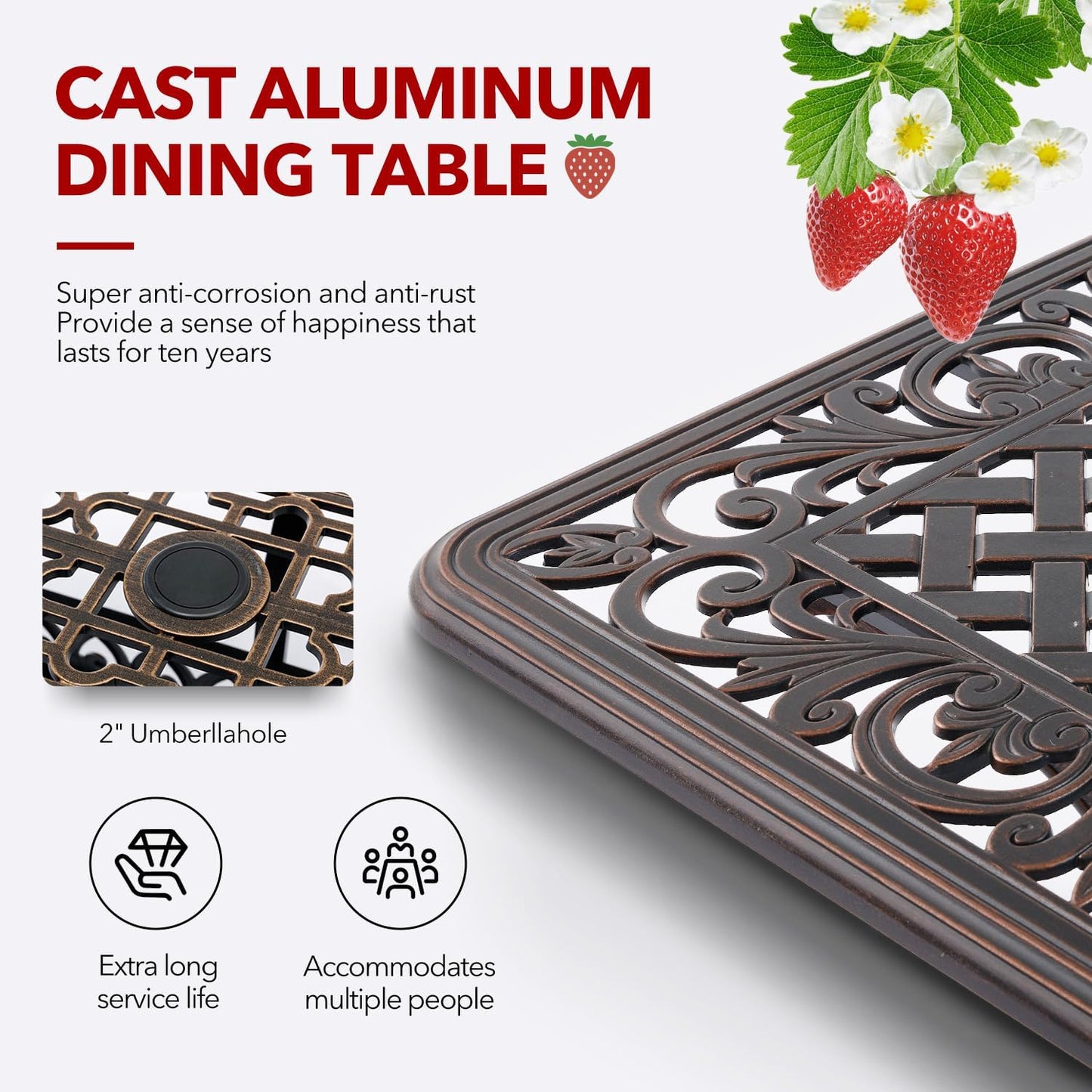 59” Patio Outdoor Dining Table for 6, Cast Aluminum Rectangle Patio Dining Table Weather Resistant with 2" Umbrella Hole for Patio Deck Garden (Copper, 59" Classic Table)