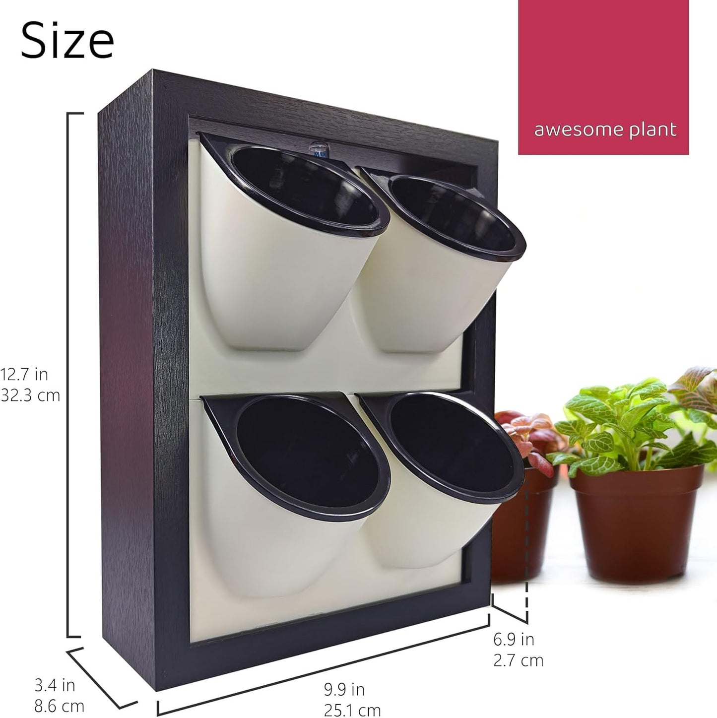 Wall Garden 4 Vertical Wall Planter, 4 Pots Wood Frame Self Watering Living Planter for Home Office Decor, Wall-Mounted Planter for Indoor Houseplants (Black)