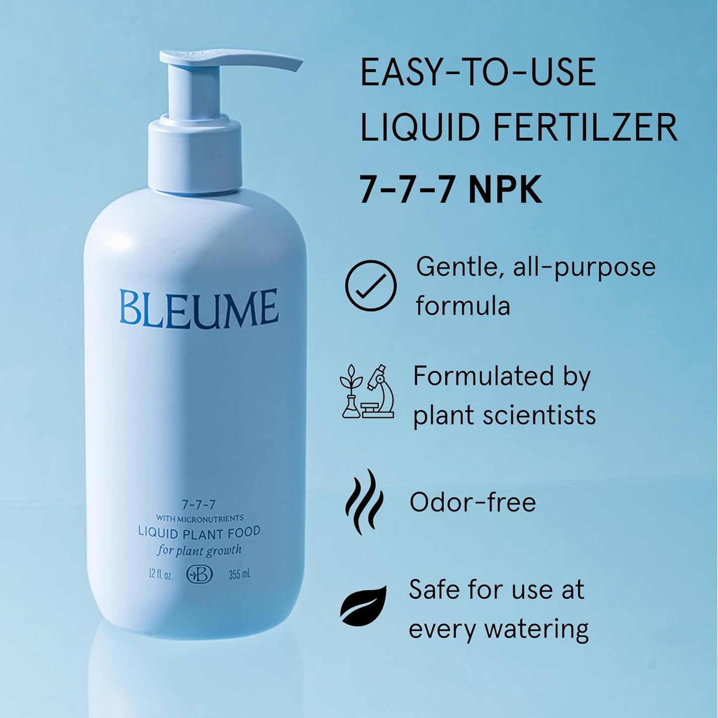 Liquid Plant Food, All-Purpose Houseplant Fertilizer, NPK 7-7-7, with Micronutrients, 4 Pumps per Liter, 12 fl oz, Made in The USA