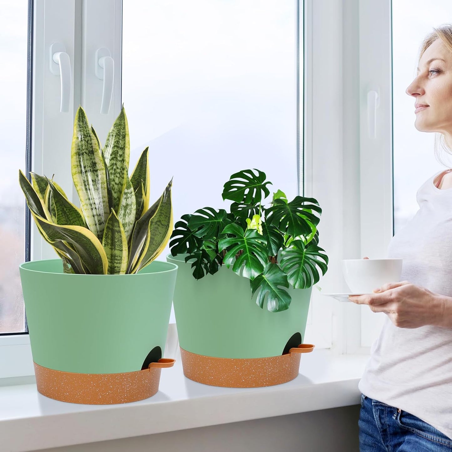 12 Inches Indoor Self Watering Planters with Drainage Holes and Saucers, 4 Pack (Green)