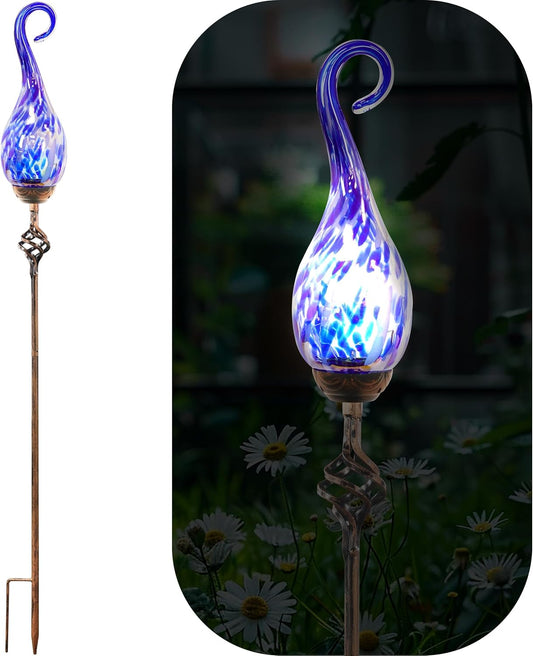 Garden Solar Lights Outdoor, Decorative LED Pearlized Glass Spiral Garden Stake with Finial, Hand Blown Glass and Metal Outdoor Decoration, 3 x 36 Inch (Dark Blue)