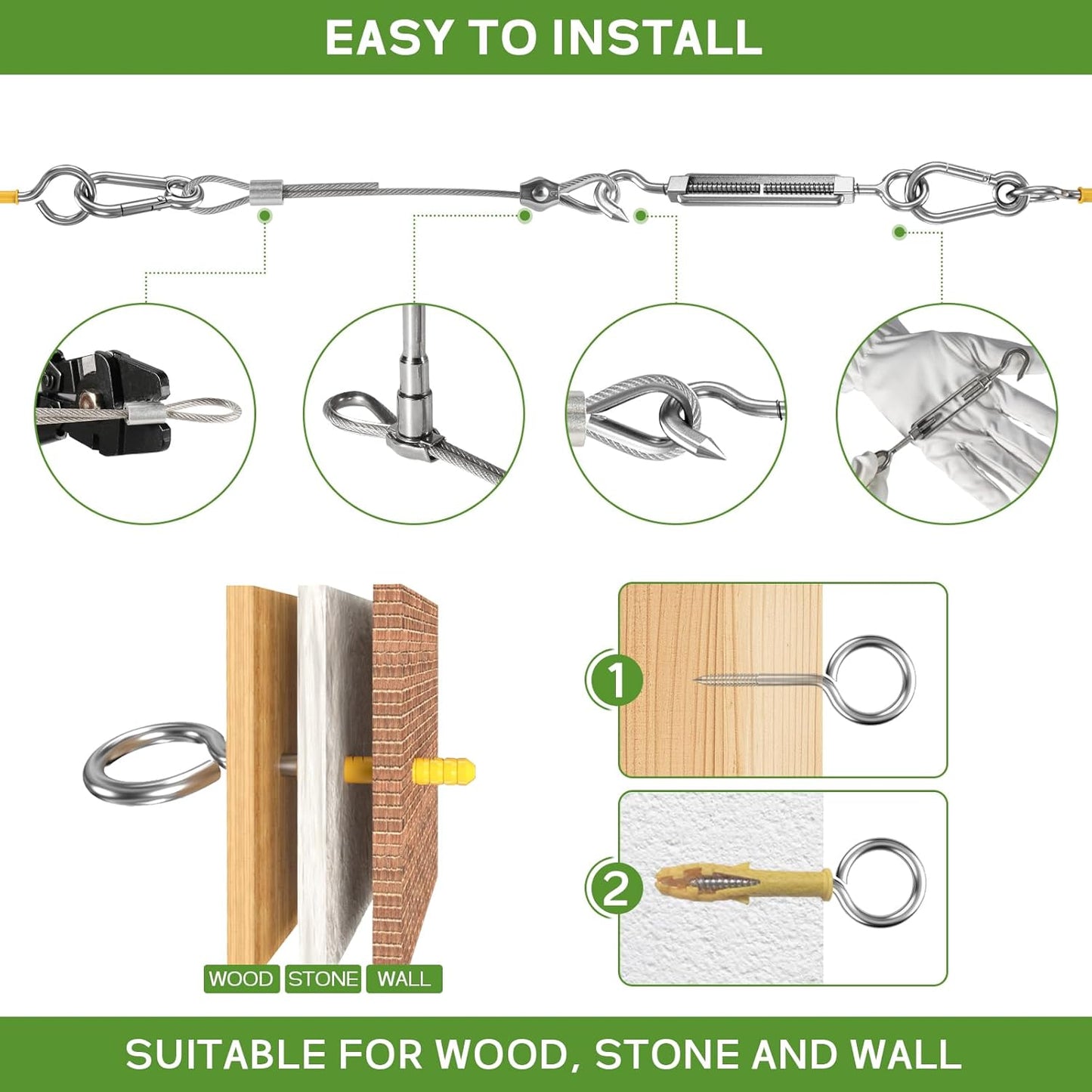 1/8" Wire Rope Kit, 100FT Steel Wire Cable, Vinyl Coated Stainless Steel Cable with Turnbuckles for Outdoor, Garden, Kitchen and Craft Projects