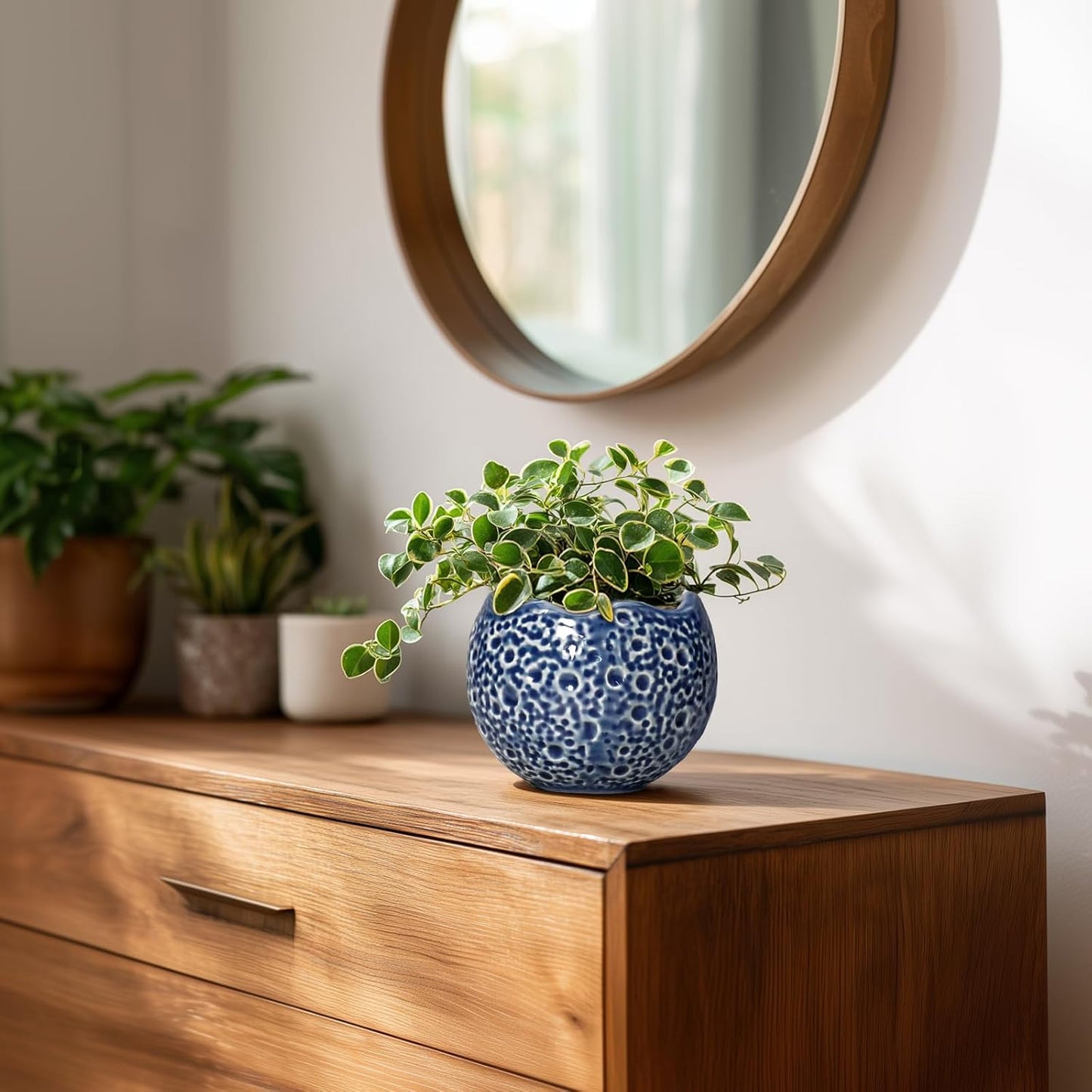 4 inch Plant Pots - Small Ceramic Planter with Drainage Hole, Succulent Pots for Indoor Outdoor, Unique Round Planter, Modern Decorative Flower Pot, Desk Decor, Plant Lovers Gifts, Blue