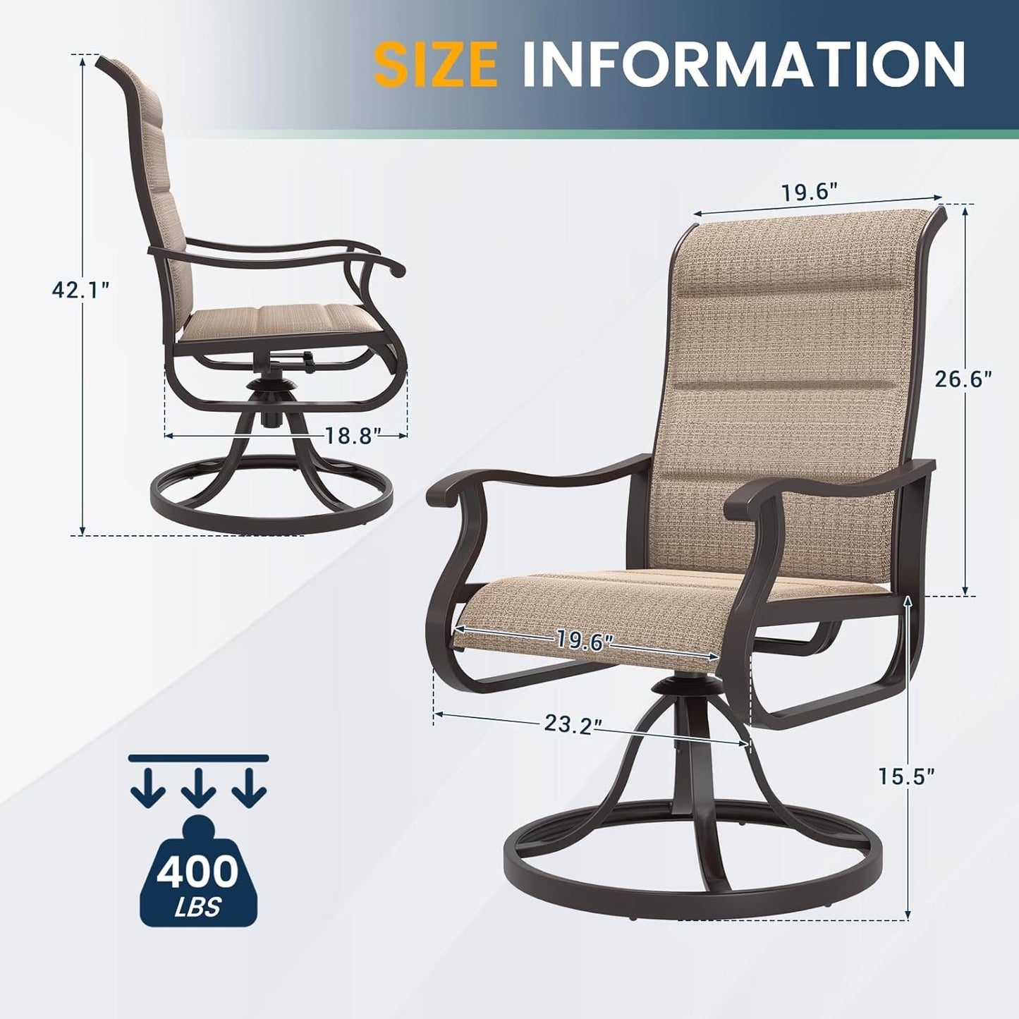 Amopatio Padded Patio Swivel Chairs Set of 2, Outdoor Dining Chairs with Ultra Soft Textilene High Back Seat & Metal Rocker Frame, for Backyard Deck Lawn, Brown