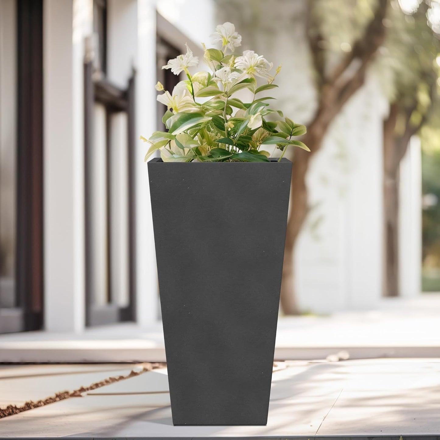 Kante 28 Inch Tall Tapered Concrete Planter, Modern Style Large Plant Pot with Drainage Hole and Rubber Plug for Patio, Backyard, Porch, Suitable for Indoor Outdoor Plants, Black