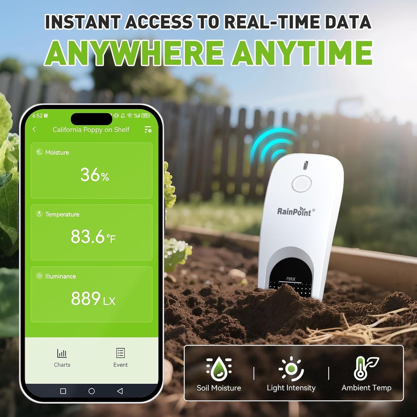 RainPoint 3-in-1 Smart Wireless Soil Moisture Meter for Plants Indoor/Outdoor Without Hub, WiFi APP Temperature Sunlight Sensor for Gardening Lawn Houseplants Monitor Hygrometer